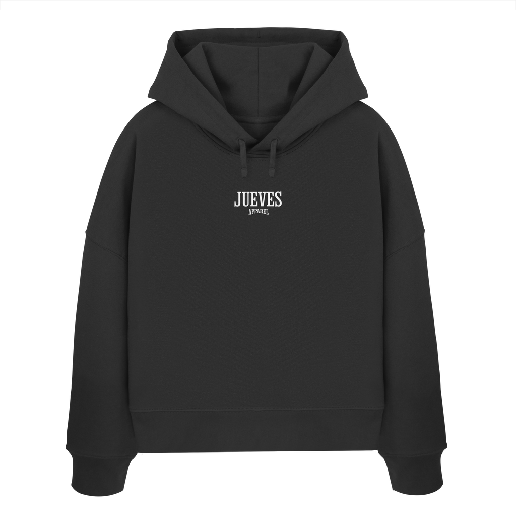 Frontansicht des schwarzen Damen oversized Boxcut Hoodies von Jueves Apparel mit oversized Schnitt, Druck auf der Brust– Streetwear aus 100 % Bio-Baumwolle, 300 g/m² Stoffgewicht. 