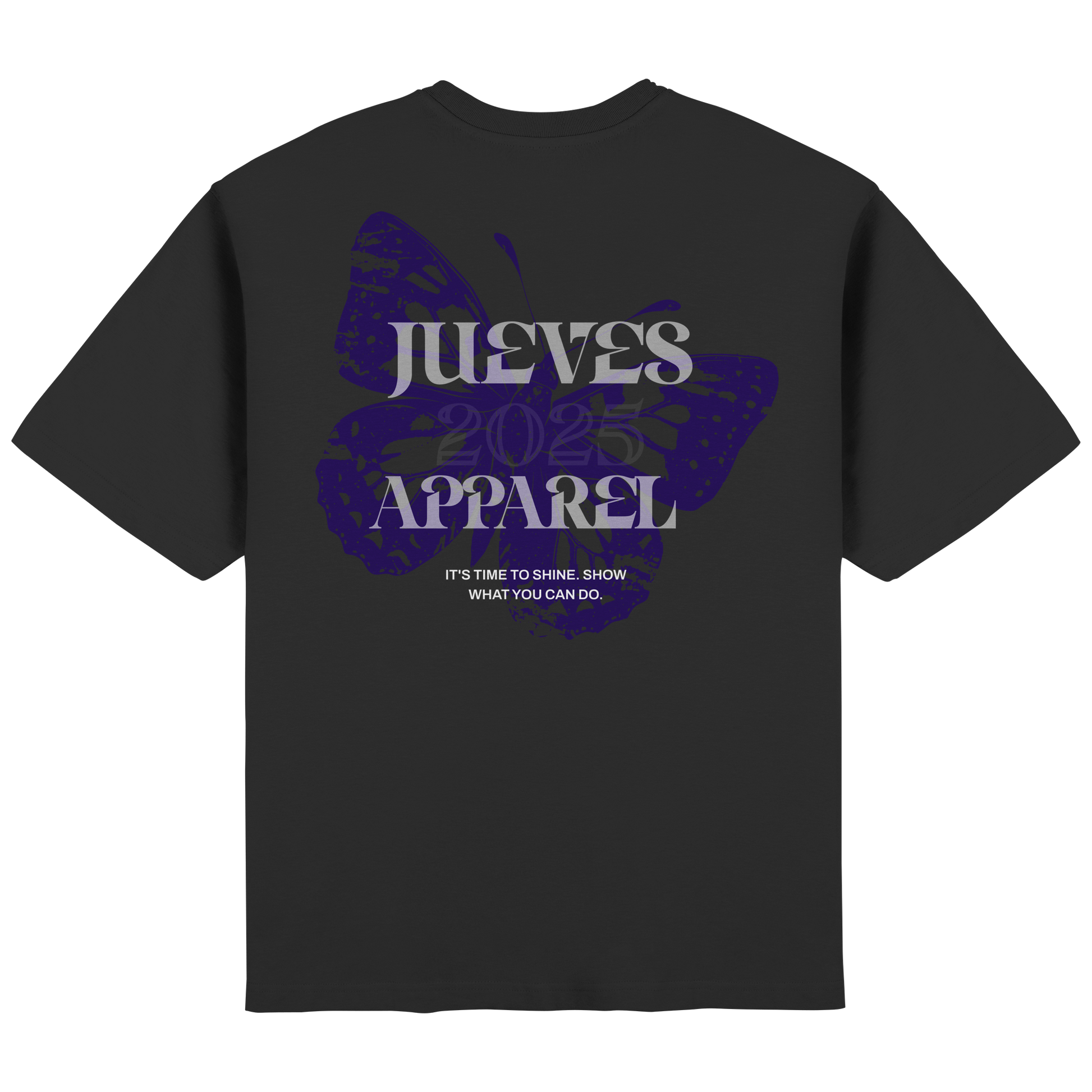 Rückansicht des schwarzen Oversized T-Shirts von Jueves Apparel mit Rückendruck – urbaner Streetwear-Look aus 100 % Baumwolle