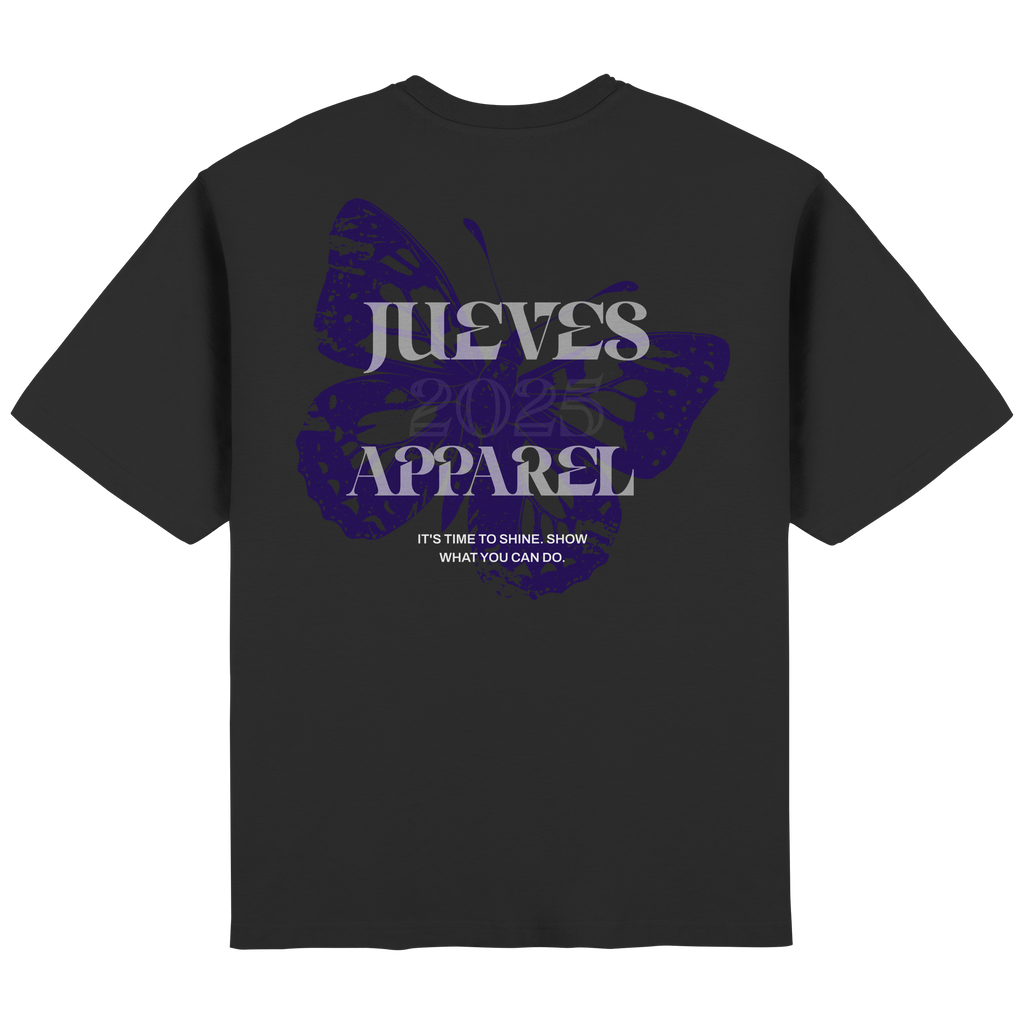 Rückansicht des schwarzen Oversized T-Shirts von Jueves Apparel mit Rückendruck – urbaner Streetwear-Look aus 100 % Baumwolle