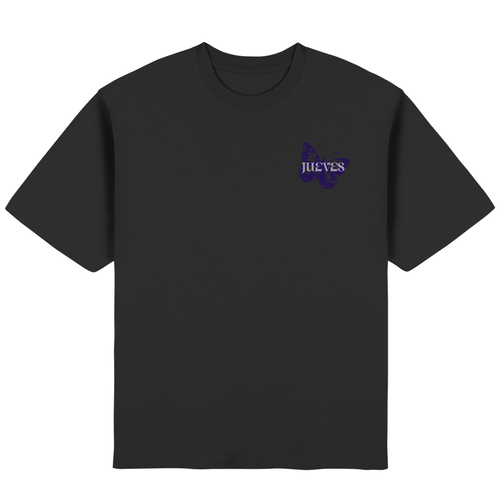 Frontansicht des schwarzen Oversized T-Shirts von Jueves Apparel mit Brustdruck – urbaner Streetwear-Look aus 100 % Baumwolle