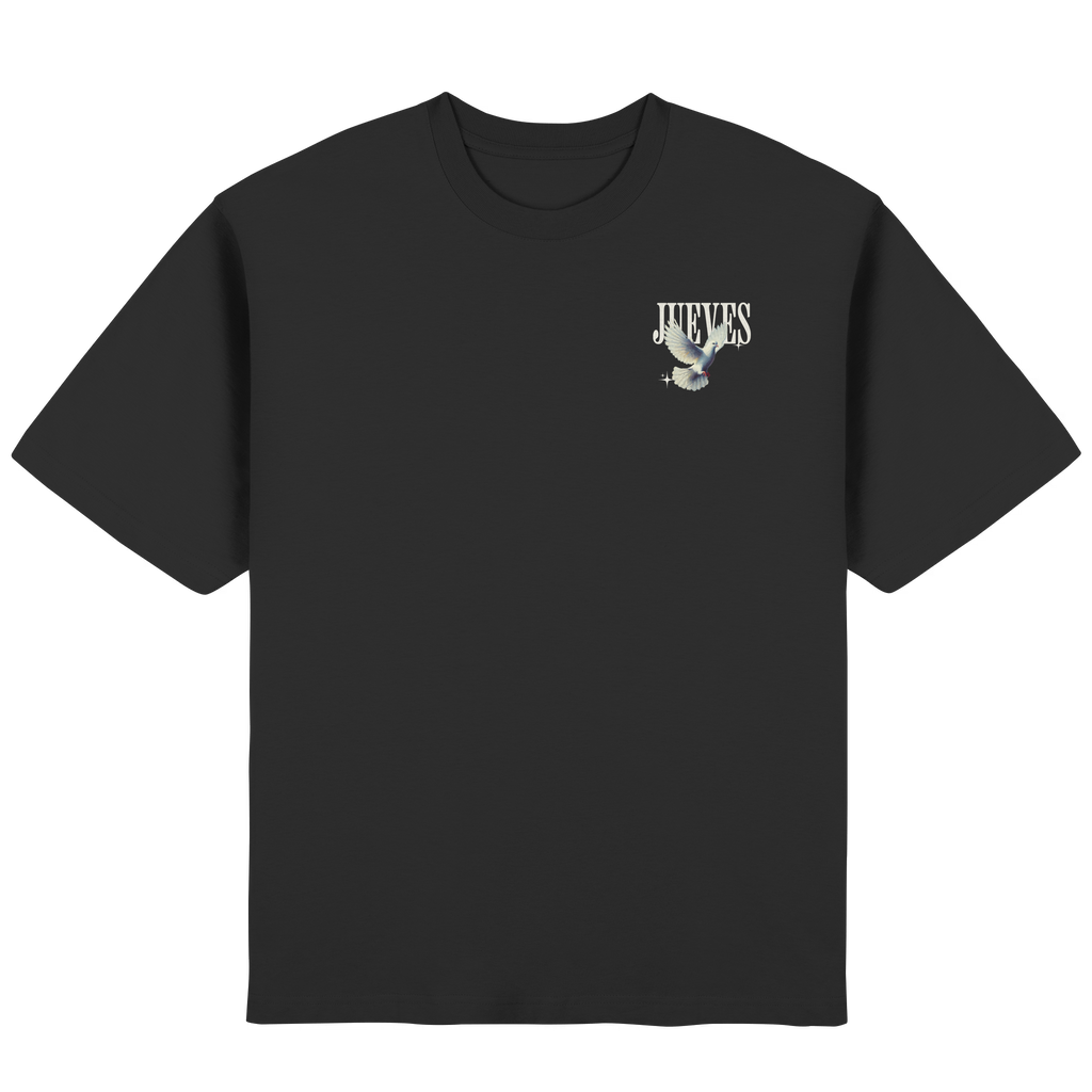 Frontansicht des schwarzen Oversized T-Shirts von Jueves Apparel mit Brustdruck – urbaner Streetwear-Look aus 100 % Baumwolle
