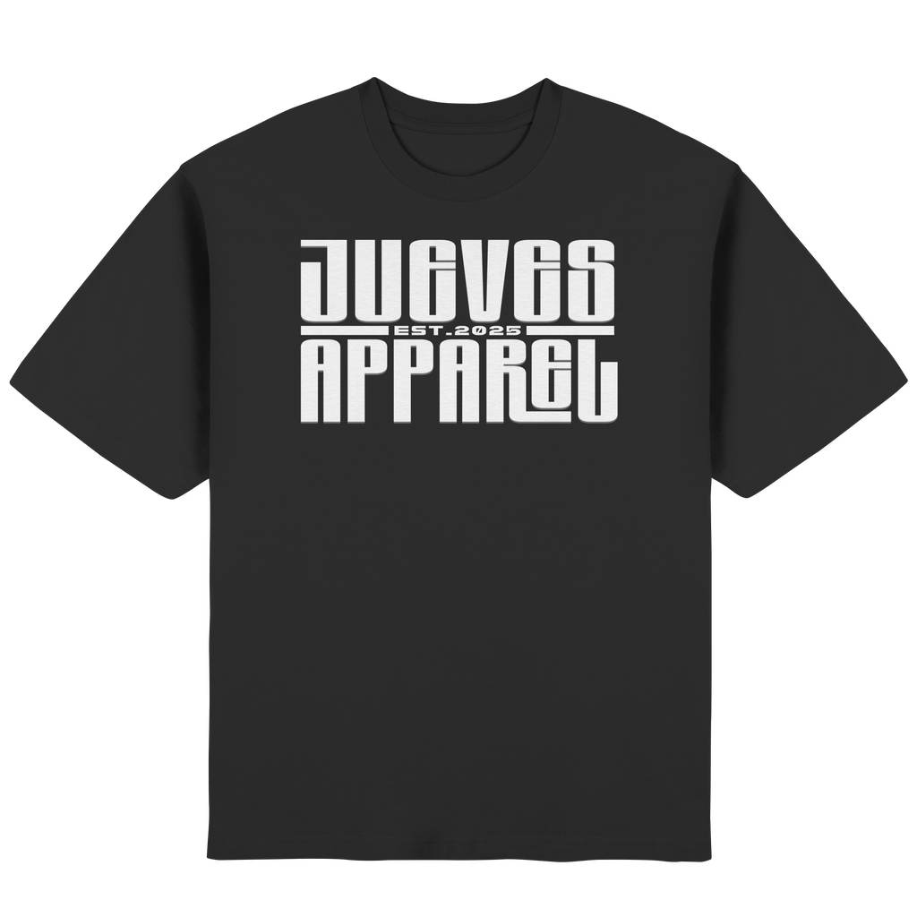 Frontansicht des schwarzen Oversized T-Shirts von Jueves Apparel mit Brustdruck – urbaner Streetwear-Look aus 100 % Baumwolle