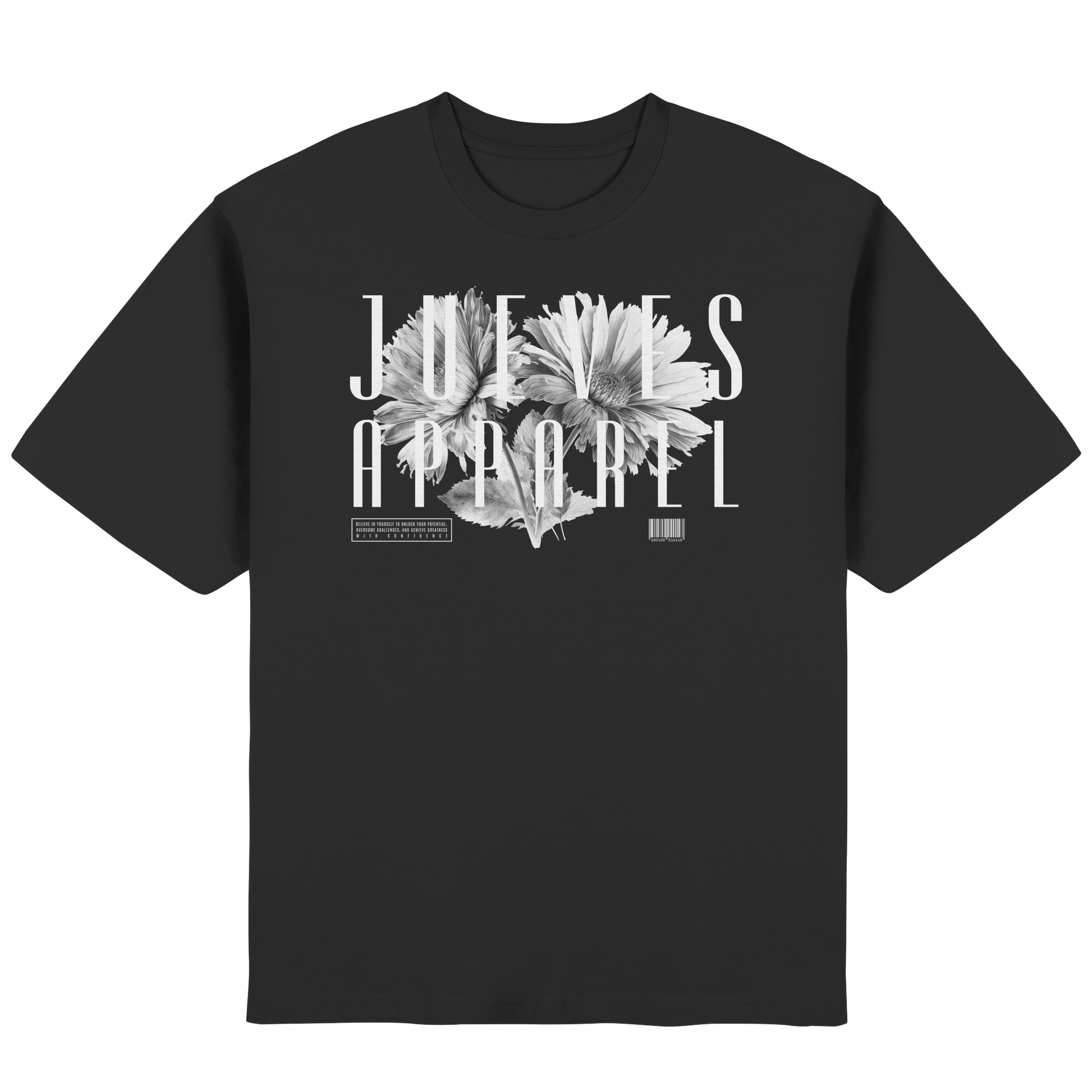 Frontansicht des schwarzen Oversized T-Shirts von Jueves Apparel mit Brustdruck – urbaner Streetwear-Look aus 100 % Baumwolle