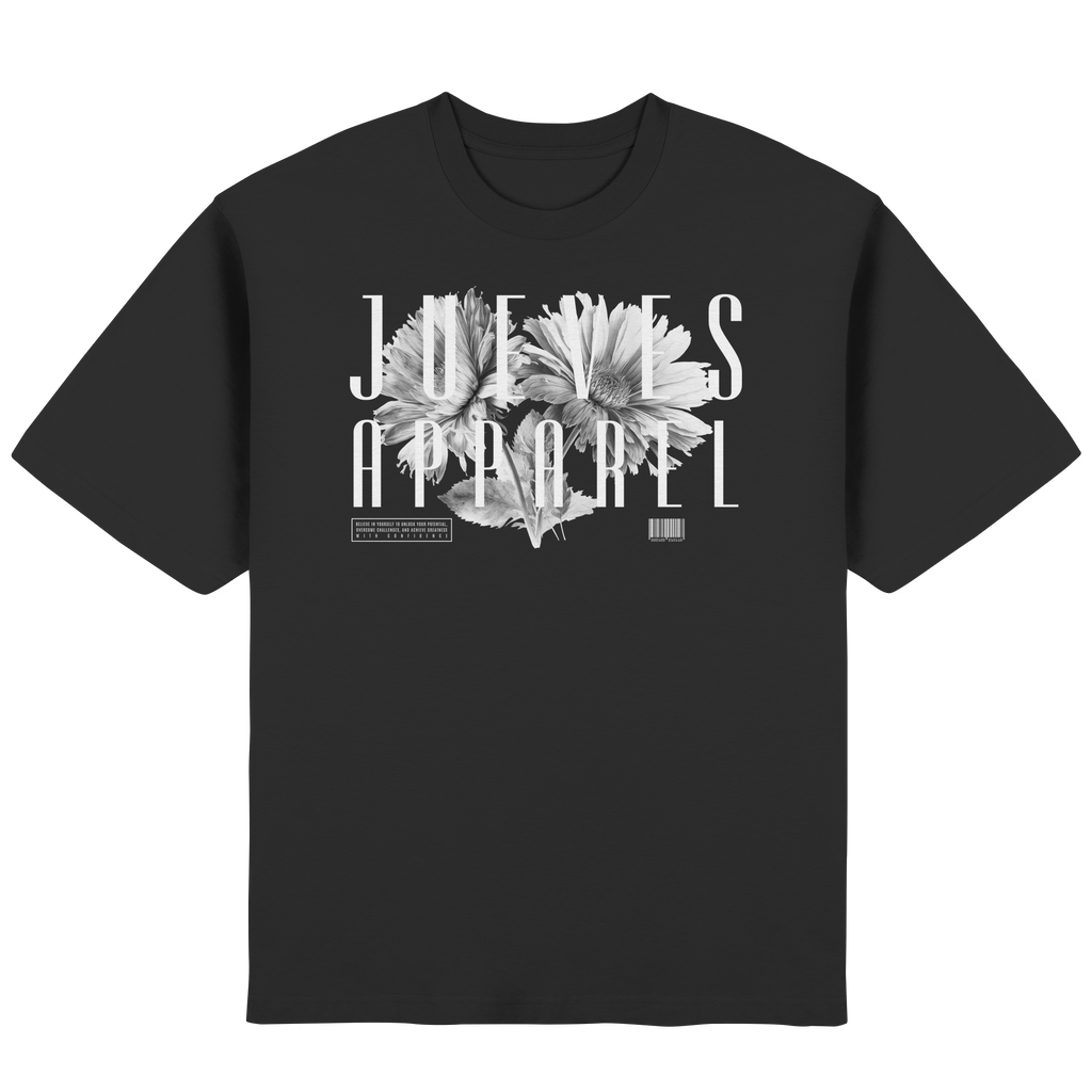 Frontansicht des schwarzen Oversized T-Shirts von Jueves Apparel mit Brustdruck – urbaner Streetwear-Look aus 100 % Baumwolle
