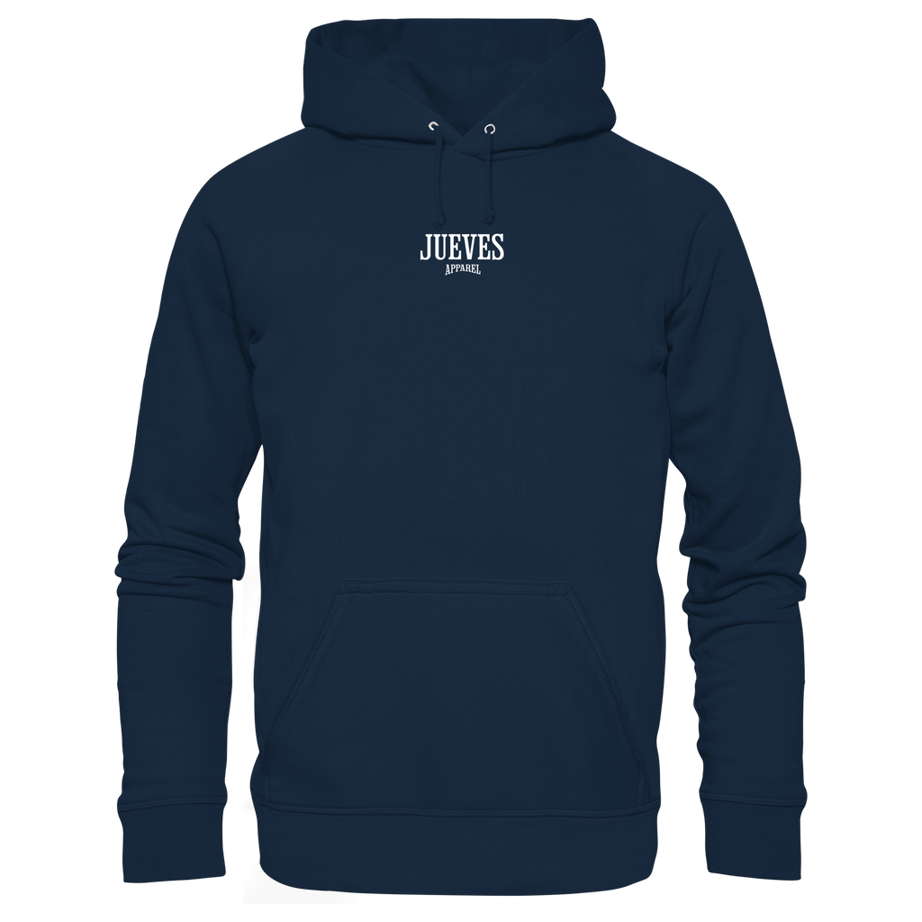 blauber Classic Hoodie von Jueves Apparel mit kleinem Brustdruck im klassischen Schnitt – nachhaltiger Streetwear-Look aus 100 % Bio-Baumwolle