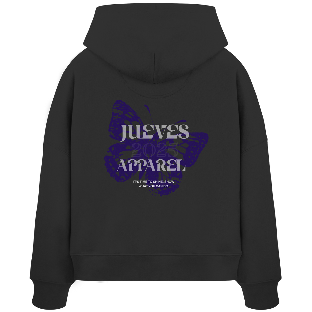 Damen Boxcut Hoodie „Blue Butterfly“ in Black von Jueves Apparel aus 100% Baumwolle – auffälliger Rückendruck Schmetterlingsdesign, moderner Urban Streetwear-Look.