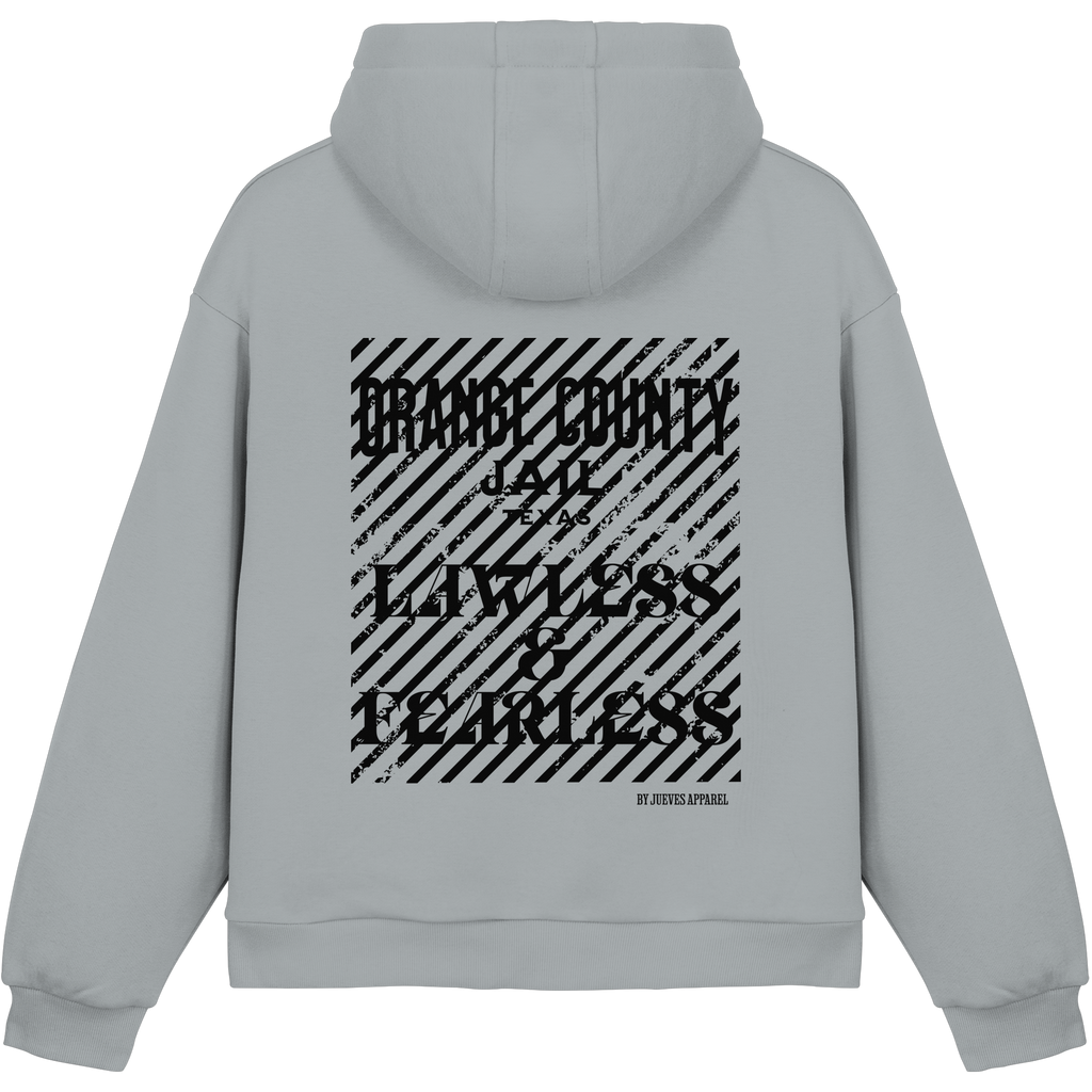 hellblauer Jueves Apparel Oversized Boxcut Hoodie mit markantem Rückendruck – urbaner Streetwear-Style aus Baumwolle