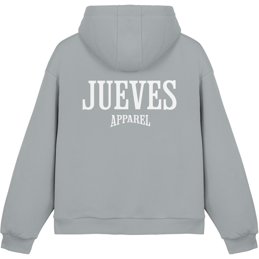 hellblauer Jueves Apparel Oversized Boxcut Hoodie mit markantem Rückendruck – urbaner Streetwear-Style aus Baumwolle
