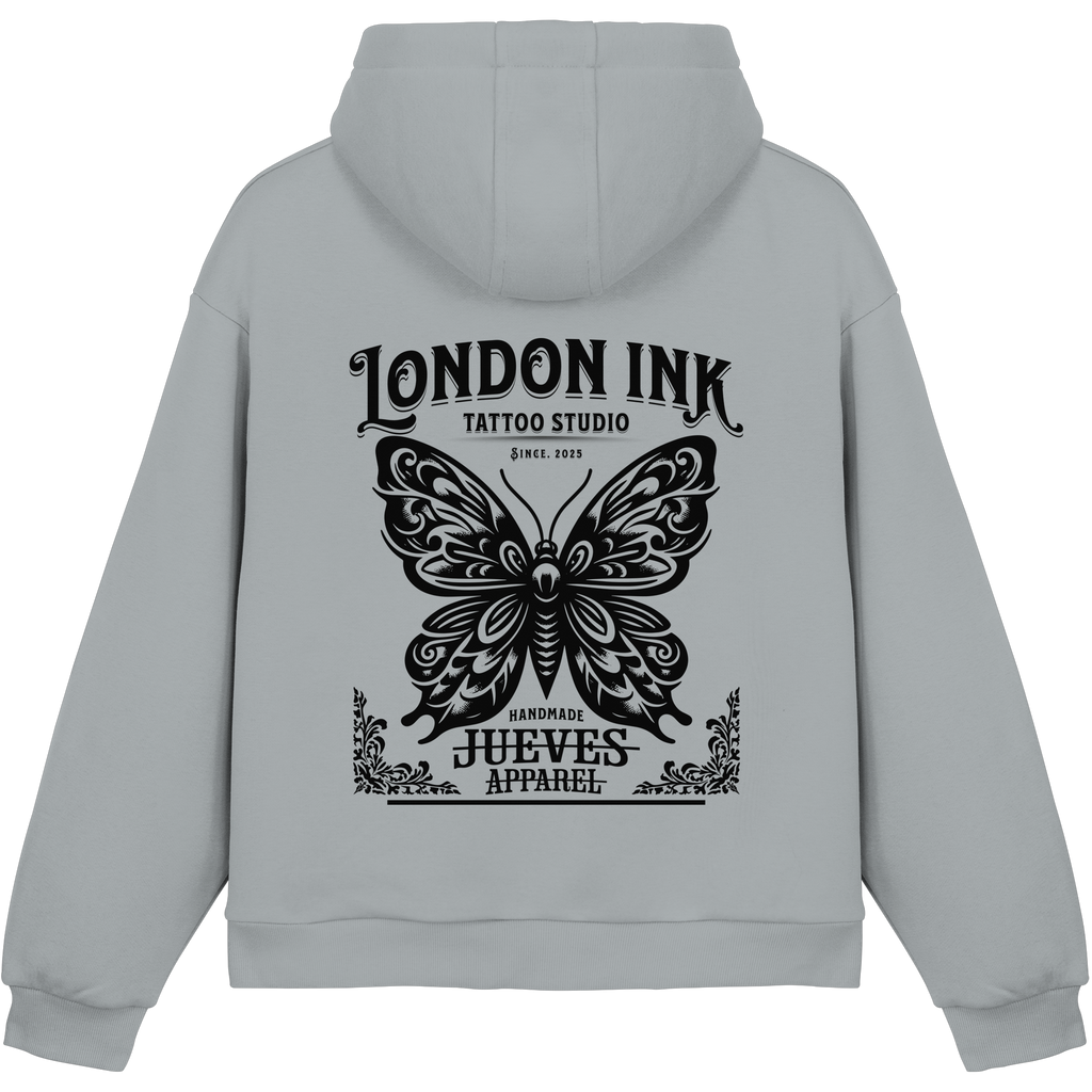 blauer Jueves Apparel Oversized Boxcut Hoodie mit markantem Rückendruck – urbaner Streetwear-Style aus Baumwolle