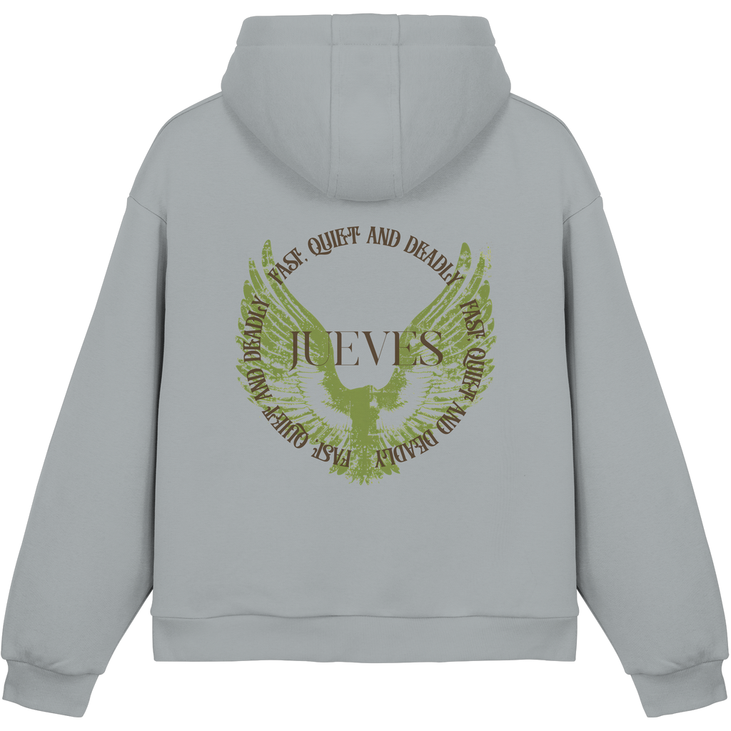 hellblauer Jueves Apparel Oversized Boxcut Hoodie mit markantem Rückendruck – urbaner Streetwear-Style aus Baumwolle