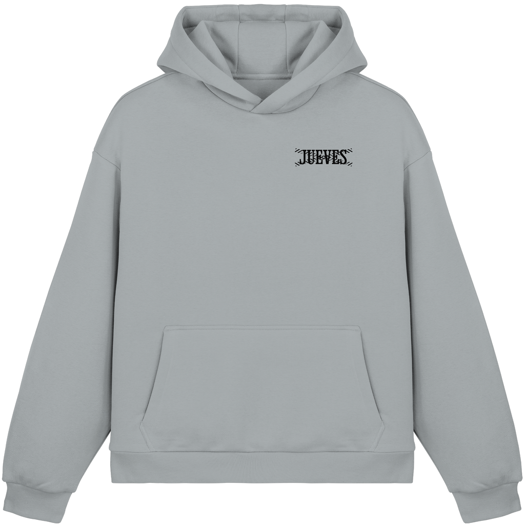 hellblauer Oversized Boxcut Hoodie von Jueves Apparel mit Brustdruck – nachhaltige Streetwear aus 70% Baumwolle