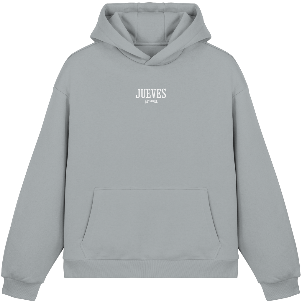 hellblauer Oversized Boxcut Hoodie von Jueves Apparel mit Brustdruck – nachhaltige Streetwear aus 70% Baumwolle