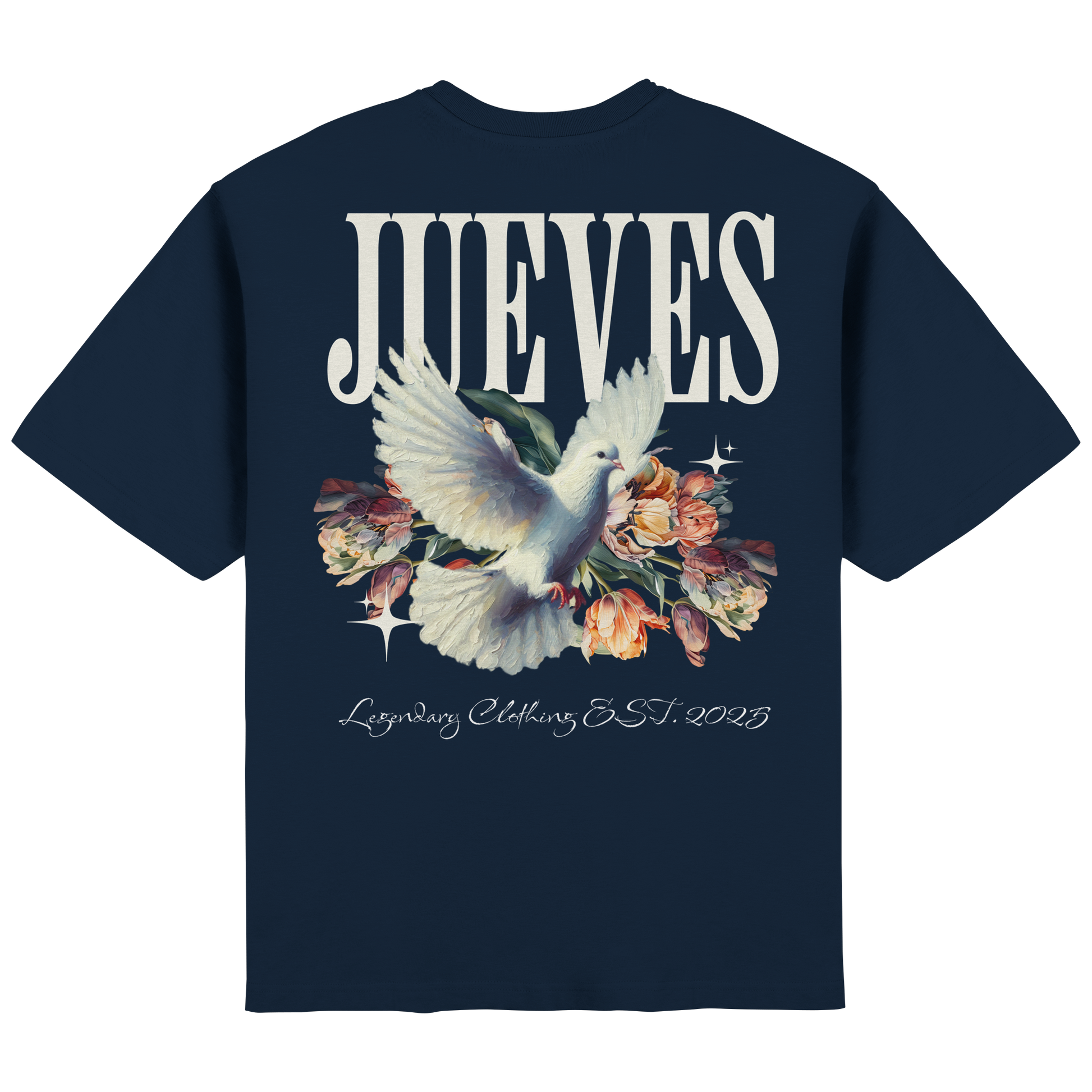 Rückansicht des blauen Oversized T-Shirts von Jueves Apparel mit Rückendruck – urbaner Streetwear-Look aus 100 % Baumwolle
