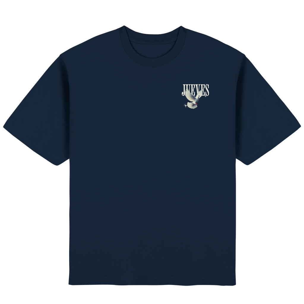 Frontansicht des blauen Oversized T-Shirts von Jueves Apparel mit Brustdruck – urbaner Streetwear-Look aus 100 % Baumwolle