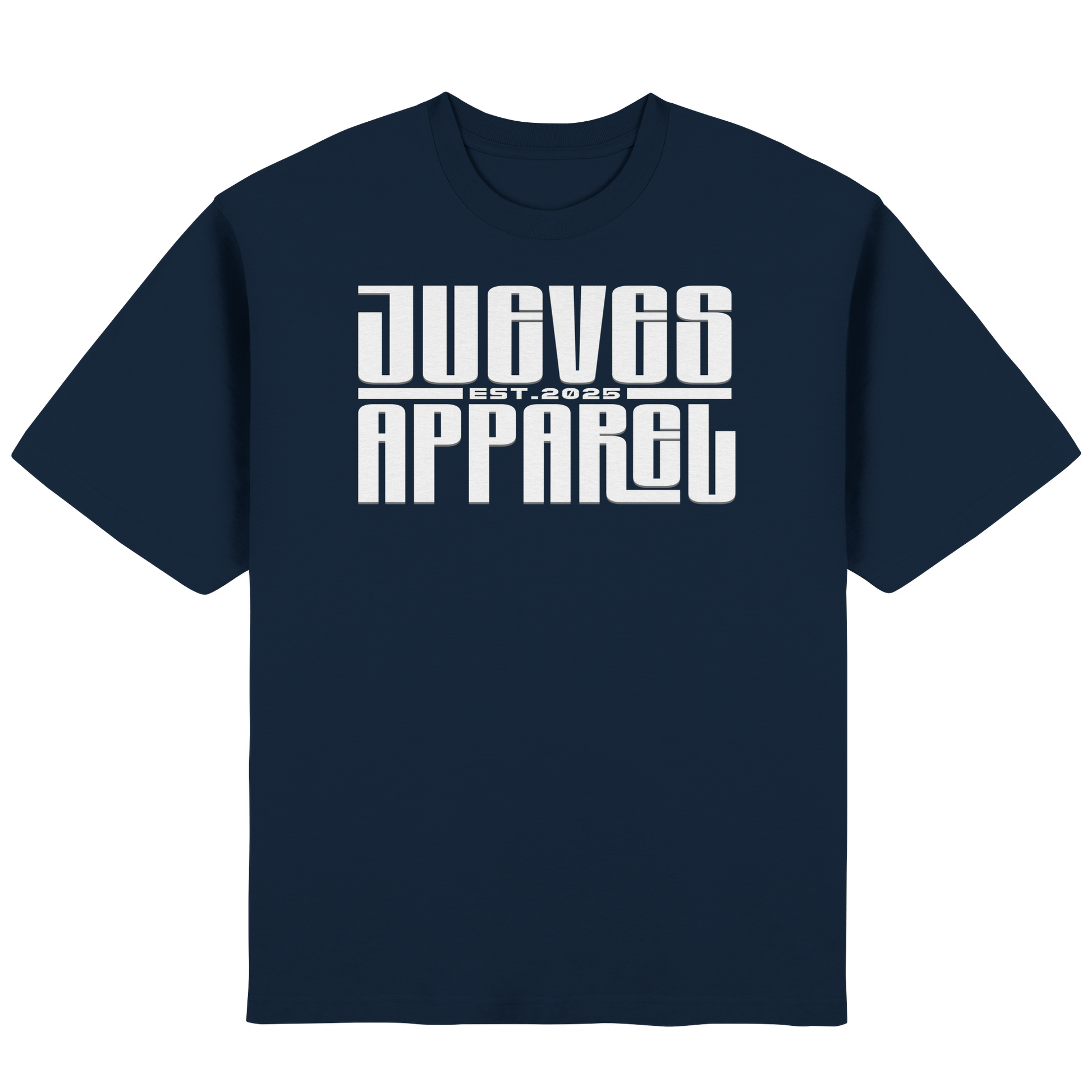 Frontansicht des blauen Oversized T-Shirts von Jueves Apparel mit Brustdruck – urbaner Streetwear-Look aus 100 % Baumwolle