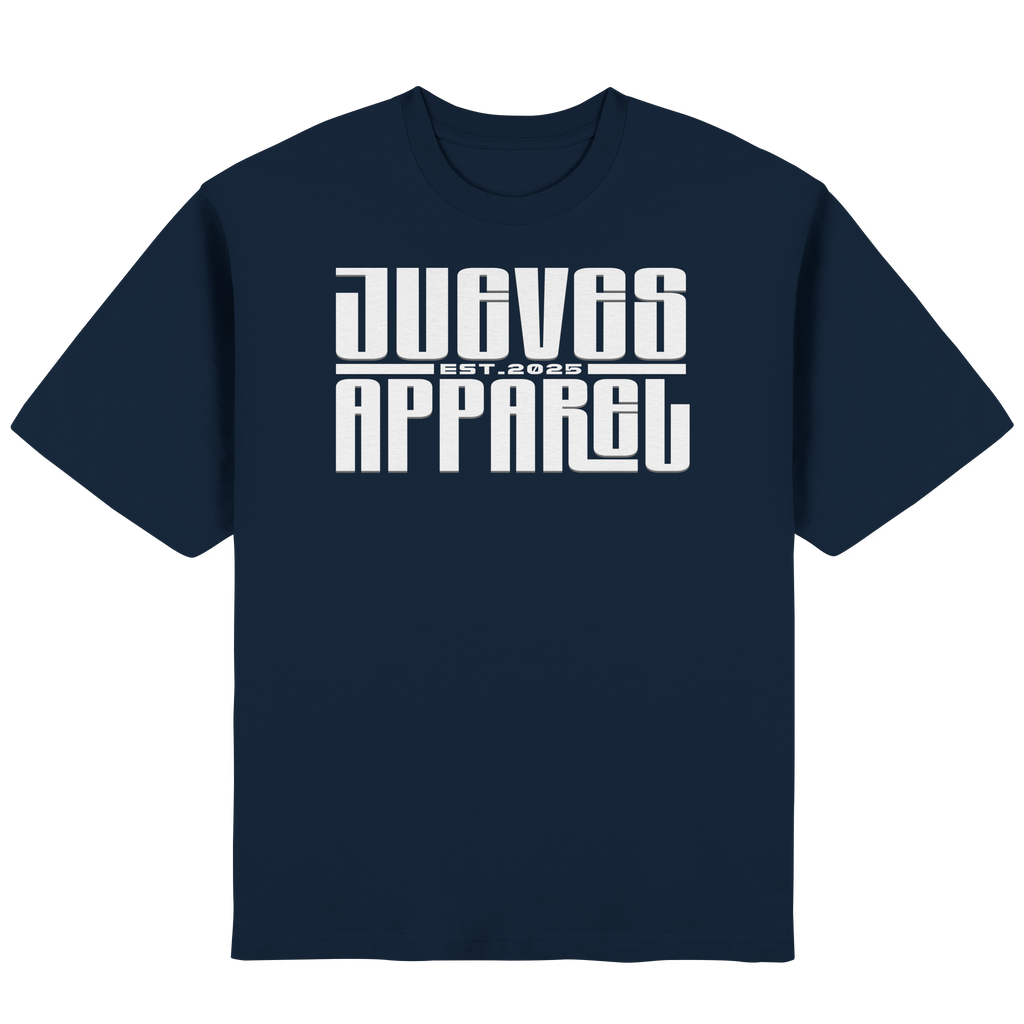 Frontansicht des blauen Oversized T-Shirts von Jueves Apparel mit Brustdruck – urbaner Streetwear-Look aus 100 % Baumwolle