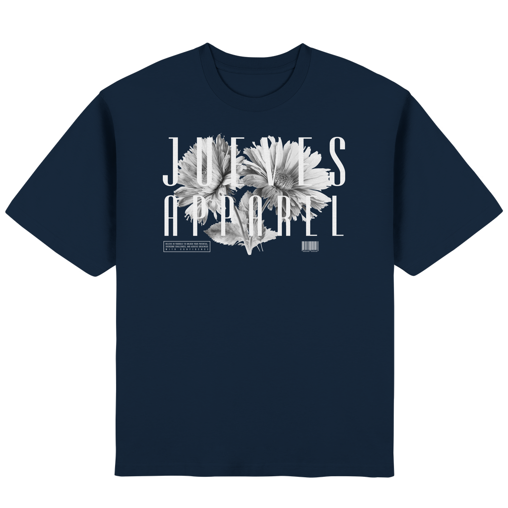 Frontansicht des blauen Oversized T-Shirts von Jueves Apparel mit Brustdruck – urbaner Streetwear-Look aus 100 % Baumwolle