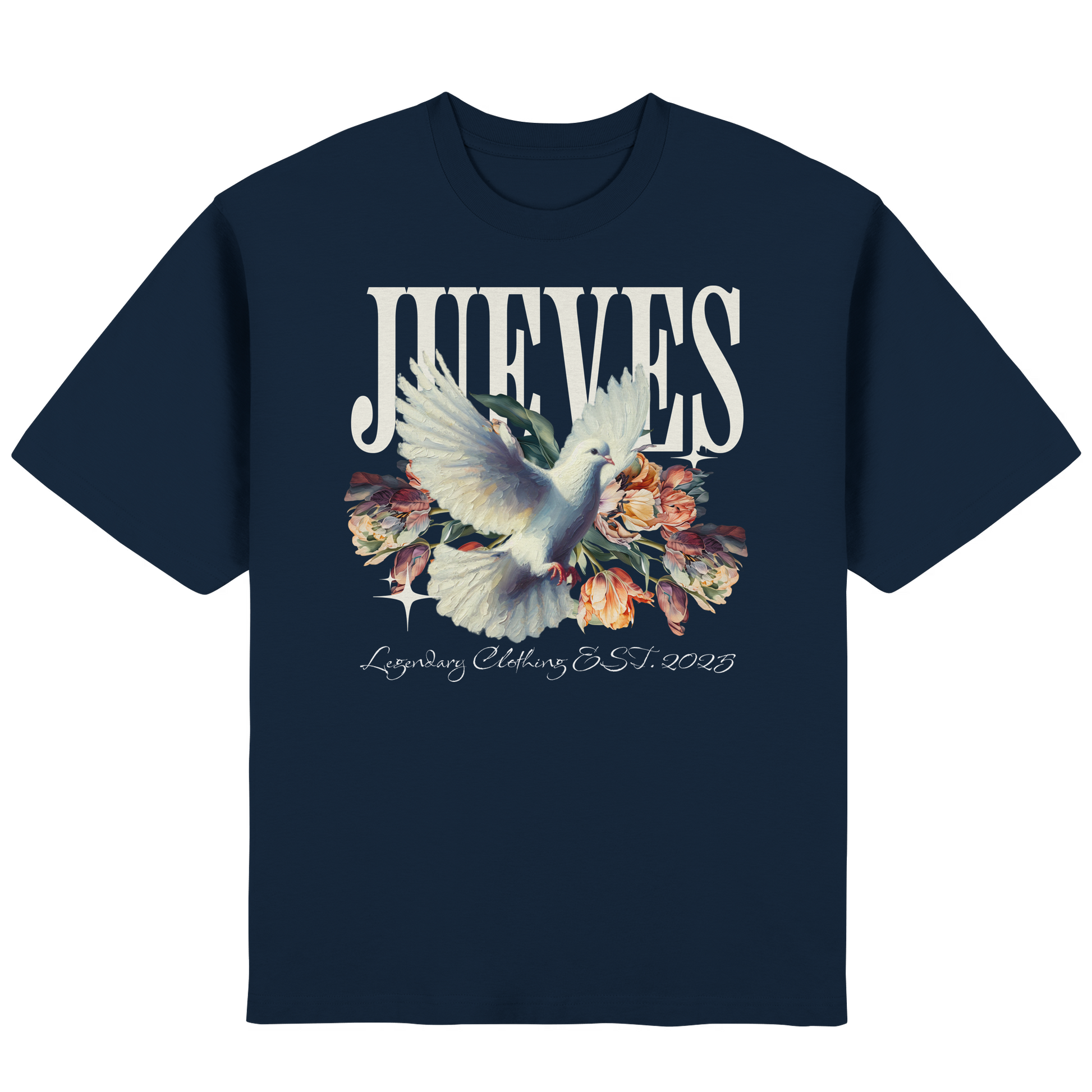 Frontansicht des blauen Oversized T-Shirts von Jueves Apparel mit Brustdruck – urbaner Streetwear-Look aus 100 % Baumwolle