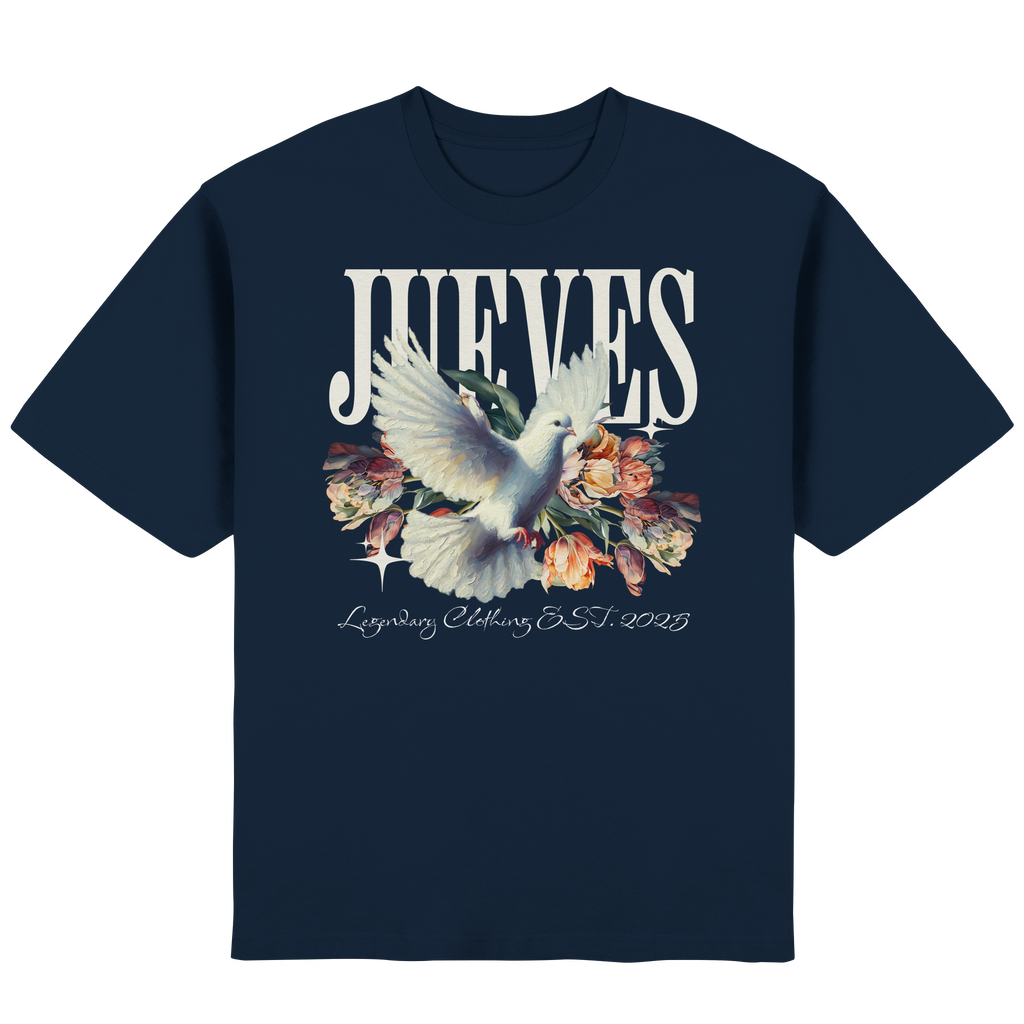 Frontansicht des blauen Oversized T-Shirts von Jueves Apparel mit Brustdruck – urbaner Streetwear-Look aus 100 % Baumwolle