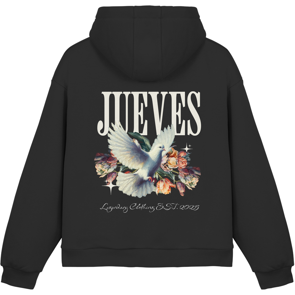 Fluffy Boxcut Hoodie „Dove back“ in Black von Jueves Apparel aus 70% Baumwolle und 30% Polyester – auffälliger Rückendruck als Taubendesign, moderner Urban Streetwear-Look.