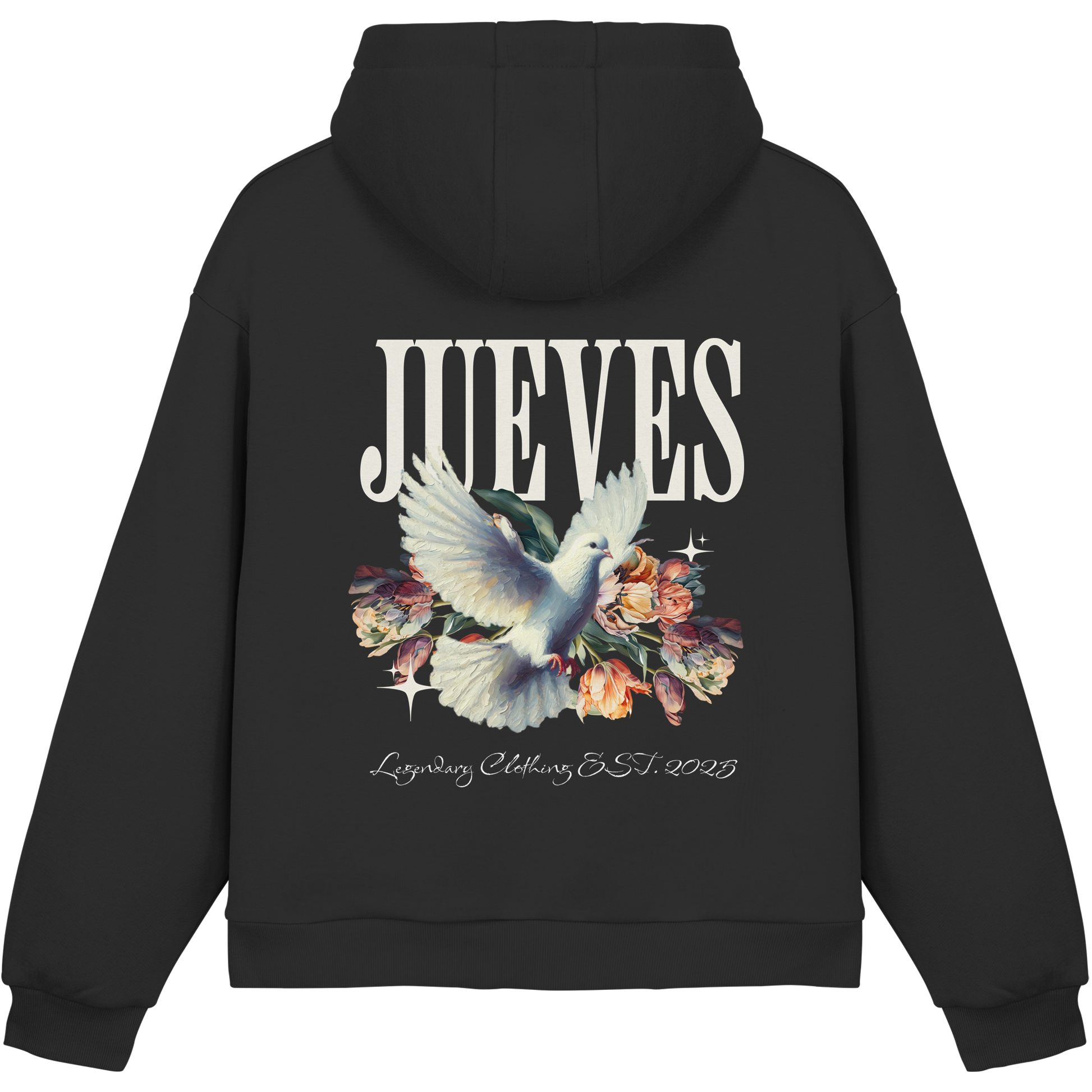 Fluffy Boxcut Hoodie „Dove back“ in Black von Jueves Apparel aus 70% Baumwolle und 30% Polyester – auffälliger Rückendruck als Taubendesign, moderner Urban Streetwear-Look.