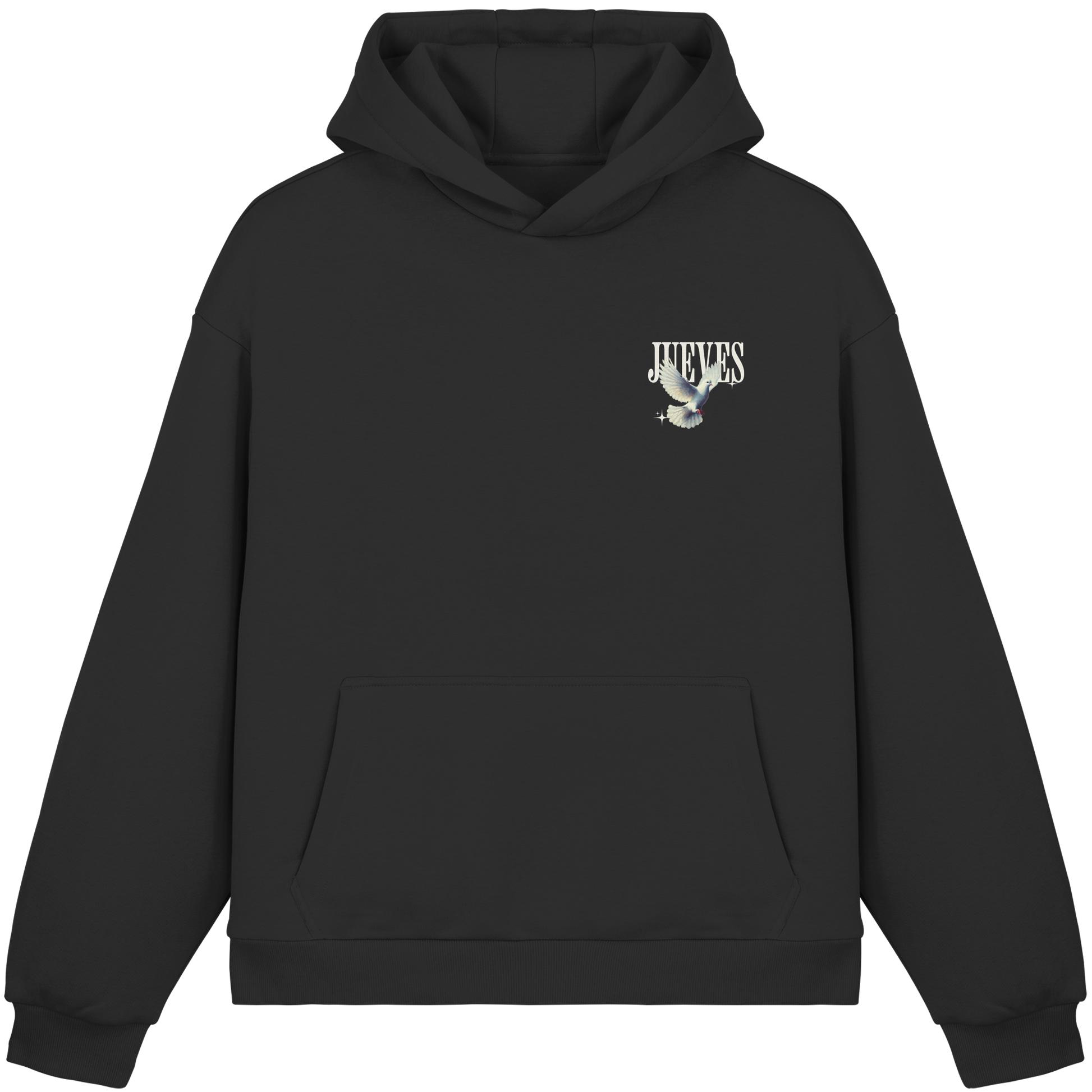 Fluffy Boxcut Hoodie „Dove back“ in Black von Jueves Apparel aus 70% Baumwolle und 30% Polyester – auffälliger Brustdruck als Taubendesign, moderner Urban Streetwear-Look.