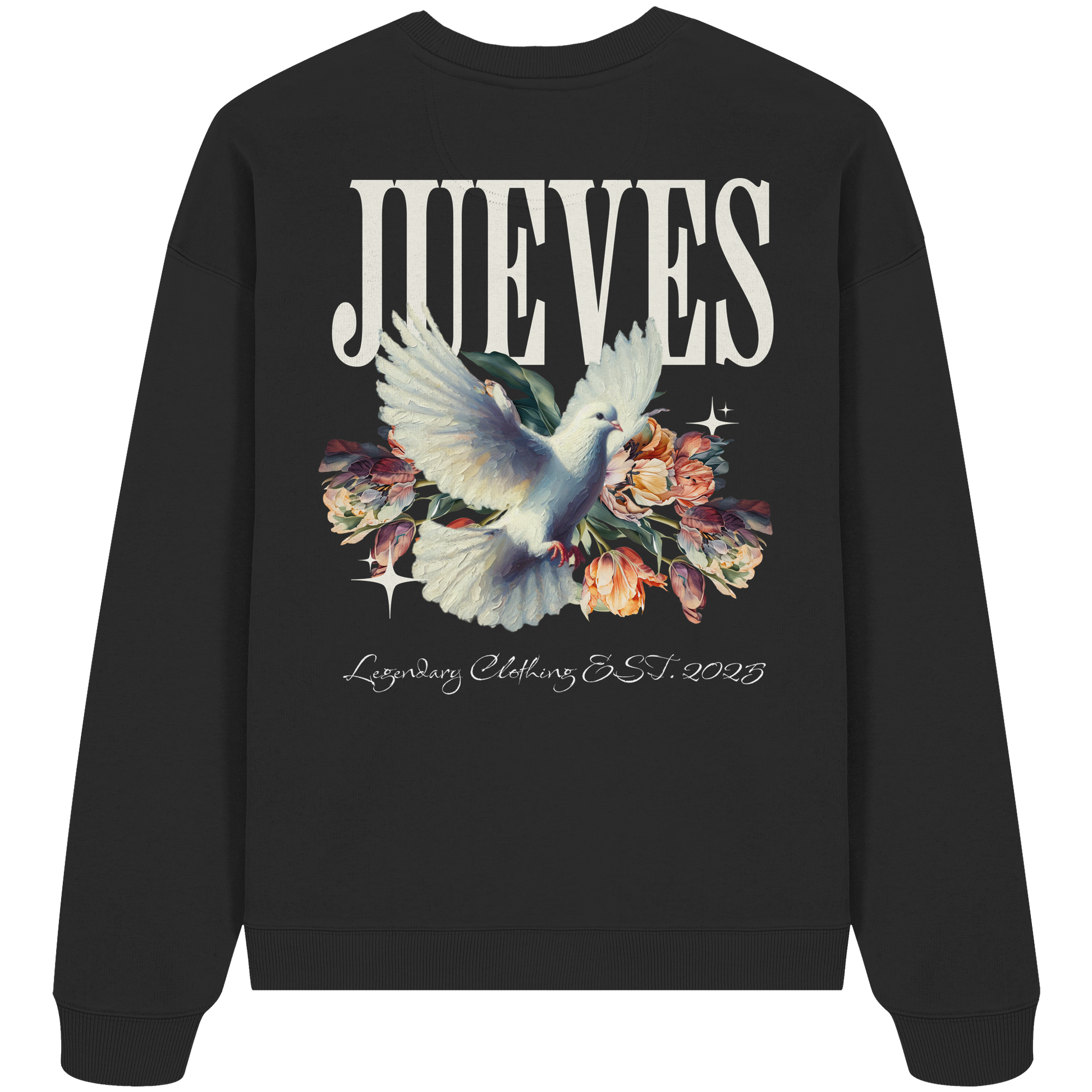 Oversized Sweatshirt „Dove back“ in Black von Jueves Apparel aus 100% Baumwolle – auffälliger Rückendruck Taubendesign mit Blumen, moderner Urban Streetwear-Look.