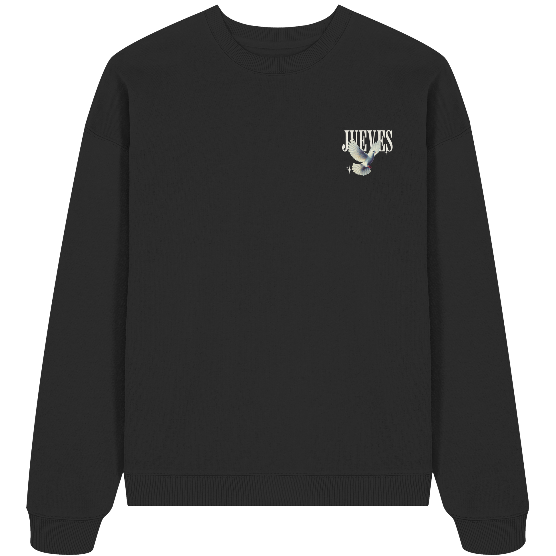 Oversized Sweatshirt „Dove front“ in Khaki von Jueves Apparel aus 100% Baumwolle – auffälliger Brustdruck Schriftzug mit Taubendesign, moderner Urban Streetwear-Look.