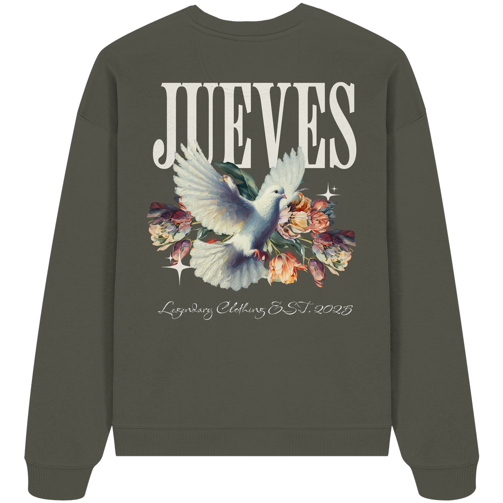 Oversized Sweatshirt „Dove back“ in Khaki von Jueves Apparel aus 100% Baumwolle – auffälliger Rückendruck Taubendesign mit Blumen, moderner Urban Streetwear-Look.