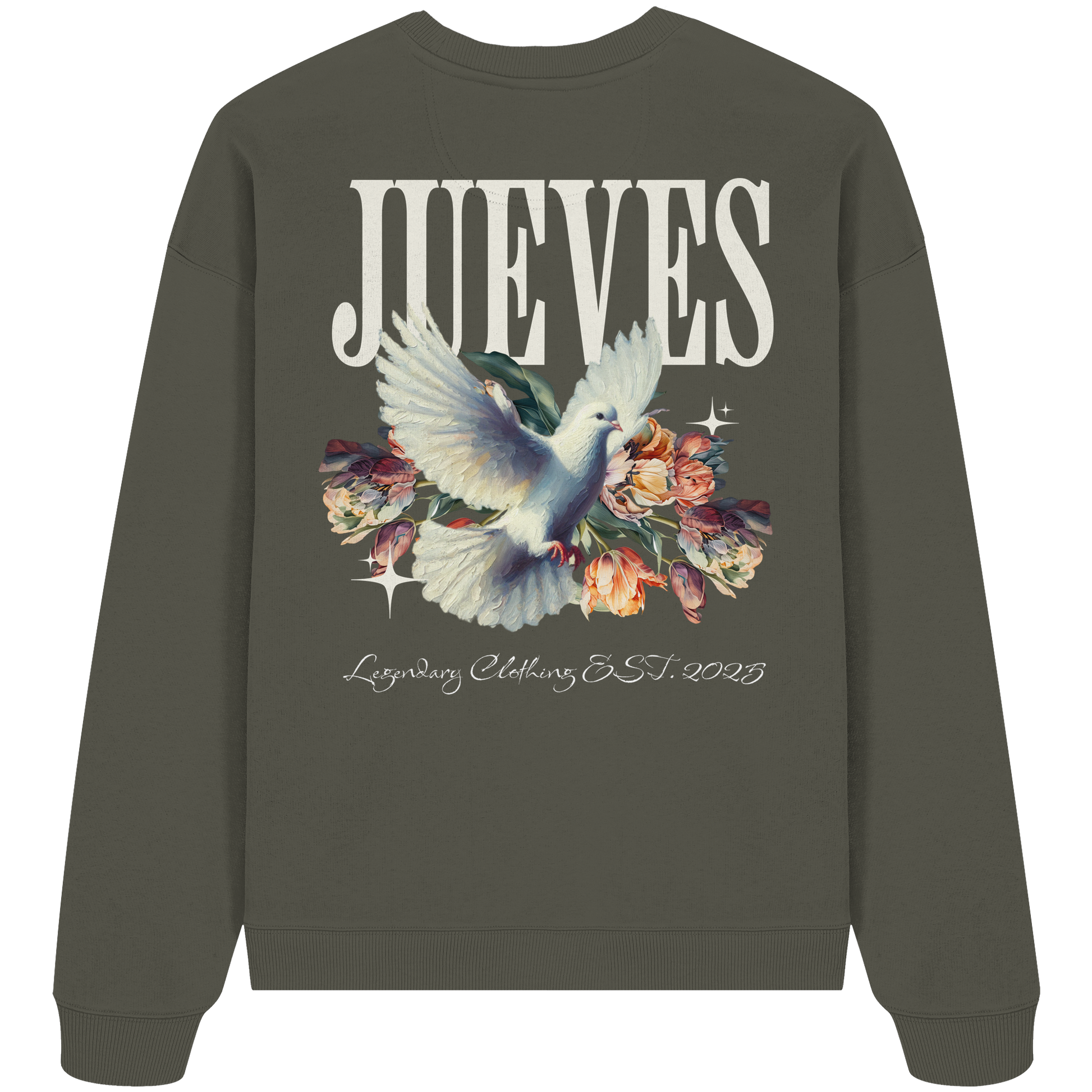 Oversized Sweatshirt „Dove back“ in Khaki von Jueves Apparel aus 100% Baumwolle – auffälliger Rückendruck Taubendesign mit Blumen, moderner Urban Streetwear-Look.