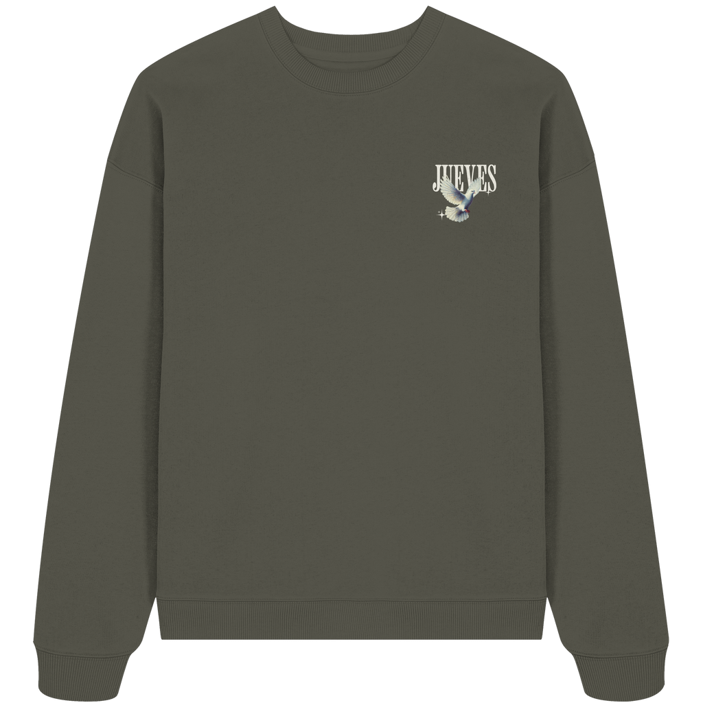 Oversized Sweatshirt „Dove front“ in Khaki von Jueves Apparel aus 100% Baumwolle – auffälliger Brustdruck Schriftzug mit Taubendesign, moderner Urban Streetwear-Look.