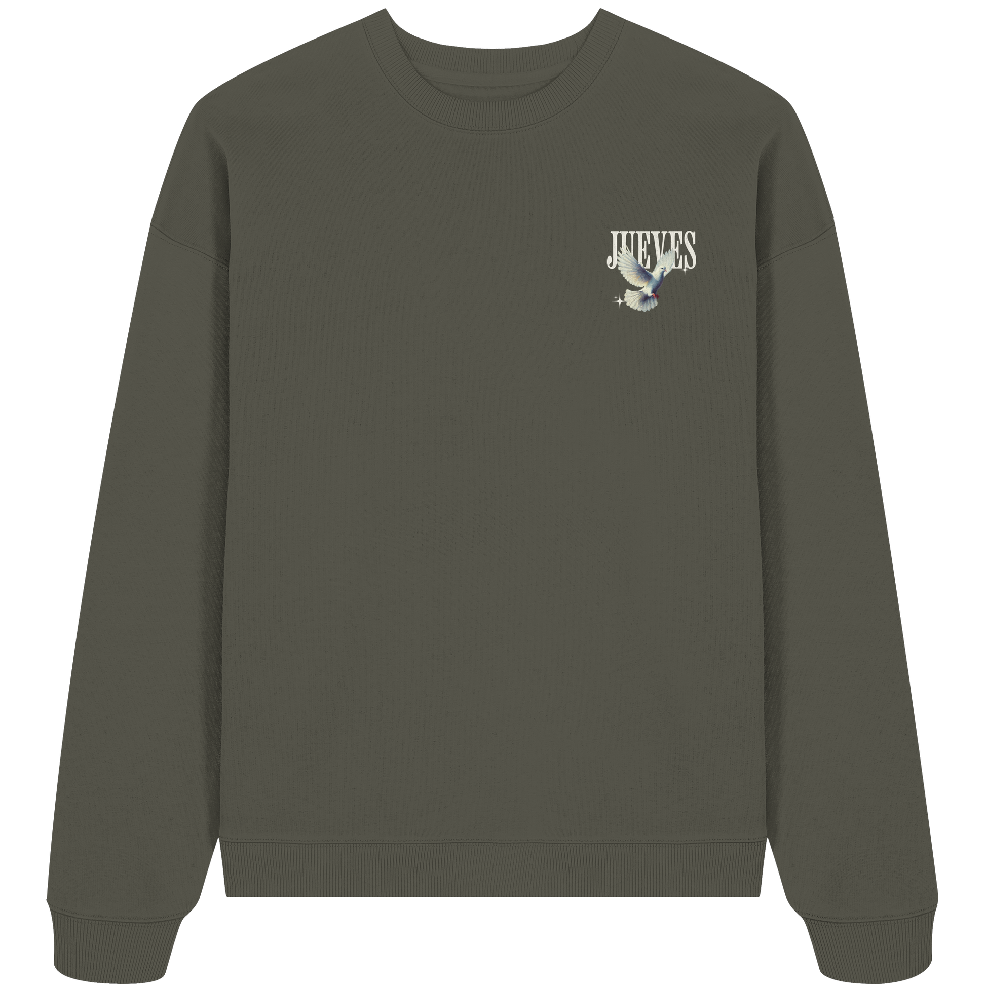Oversized Sweatshirt „Dove front“ in Khaki von Jueves Apparel aus 100% Baumwolle – auffälliger Brustdruck Schriftzug mit Taubendesign, moderner Urban Streetwear-Look.