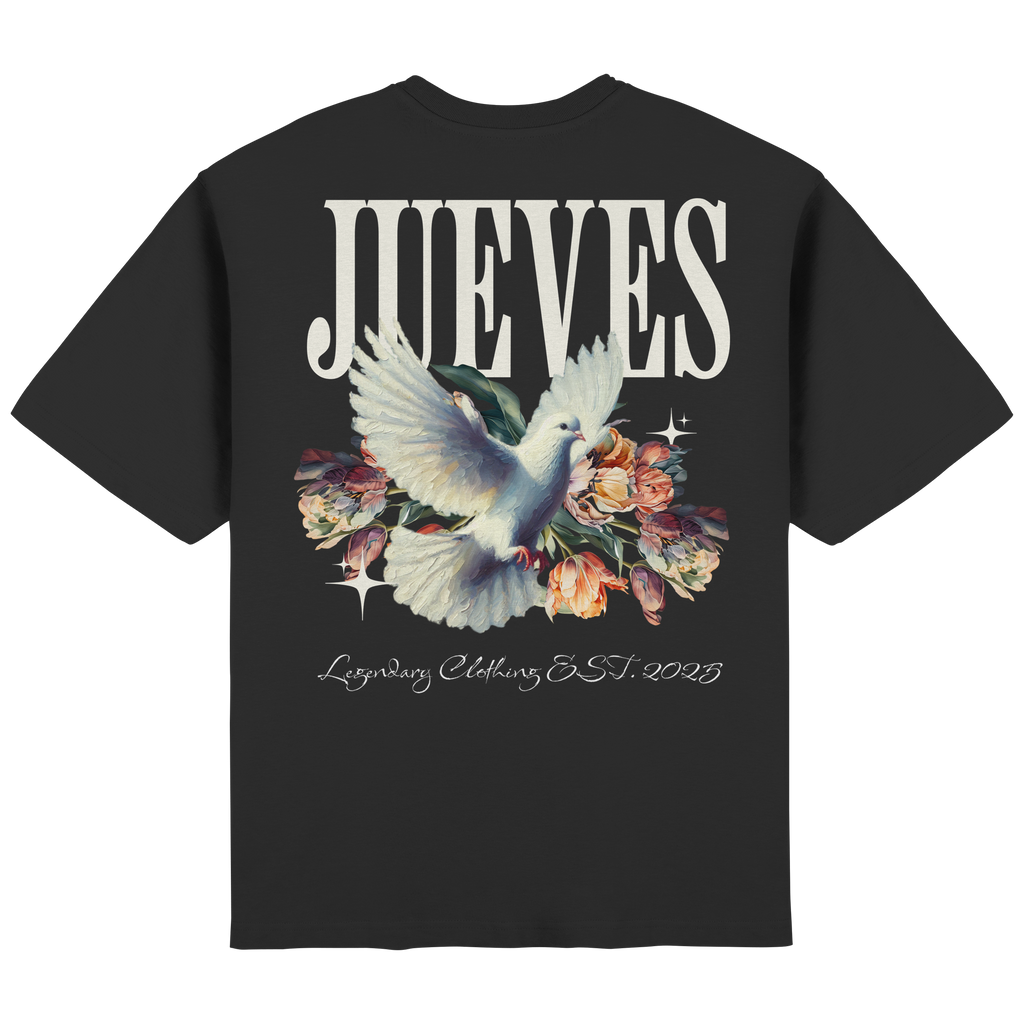 Streetwear Oversized T-Shirt „Dove back“ in Black von Jueves Apparel aus 100 % Baumwolle – auffälliger Rückendruck mit Taubendesign, moderner Urban Streetstyle-Look.