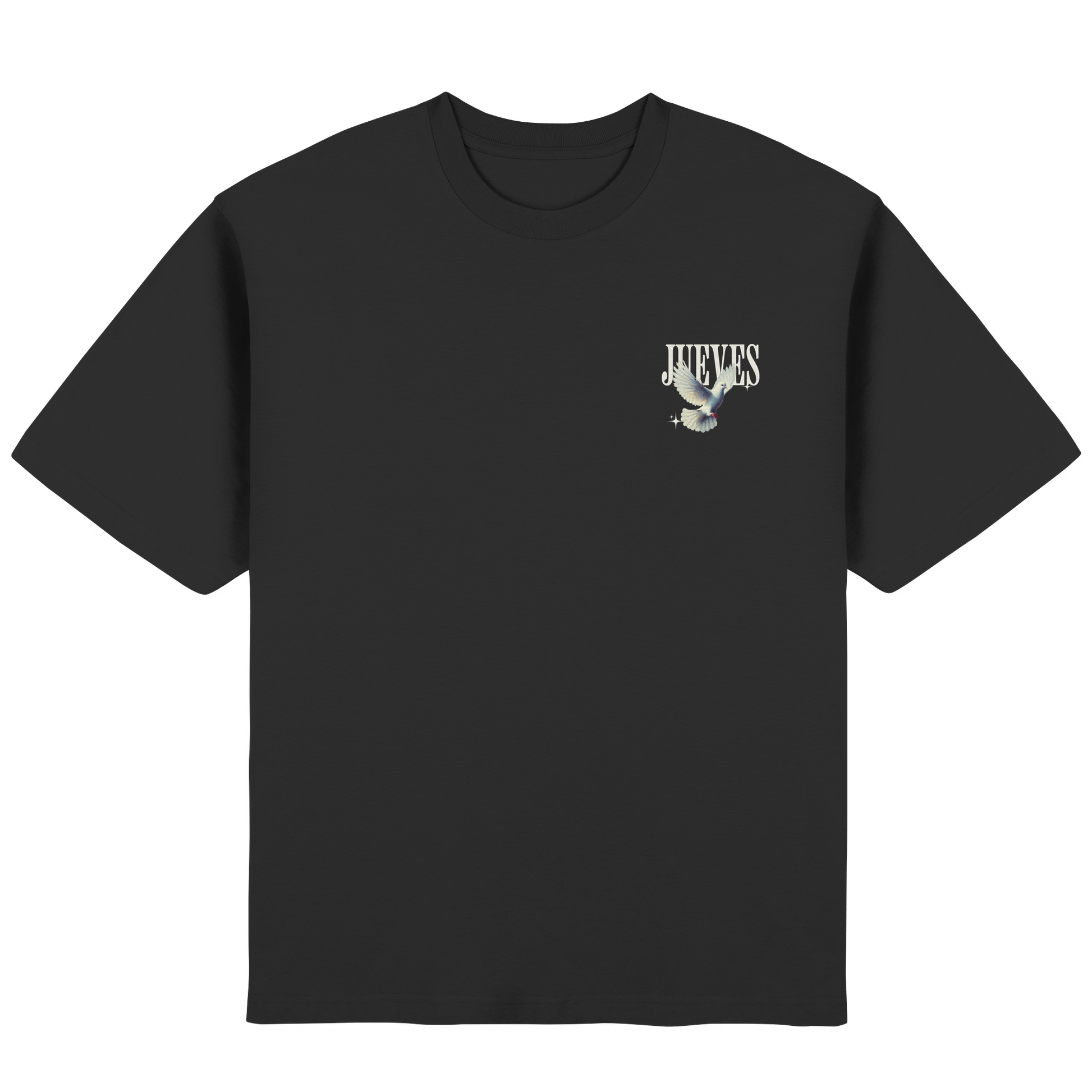 Streetwear Oversized T-Shirt „Dove back“ in Black von Jueves Apparel aus 100 % Baumwolle – auffälliger Brustdruck mit Taubendesign, moderner Urban Streetstyle-Look.