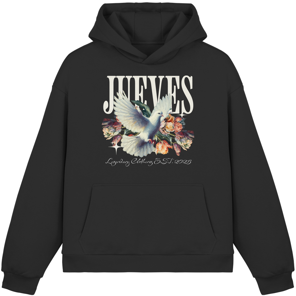 Fluffy Boxcut Hoodie „Dove front“ in Black von Jueves Apparel aus 70% Baumwolle und 30% Polyester – auffälliger Brustdruck Taubendesign mit Blumen, moderner Urban Streetwear-Look.