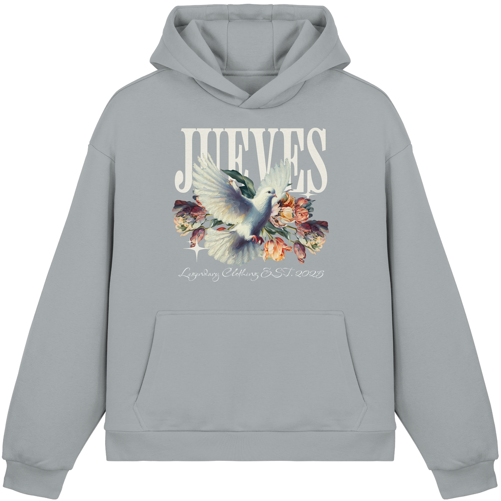 Fluffy Boxcut Hoodie „Dove front“ in Light Asphalt von Jueves Apparel aus 70% Baumwolle und 30% Polyester – auffälliger Brustdruck Taubendesign mit Blumen, moderner Urban Streetwear-Look.