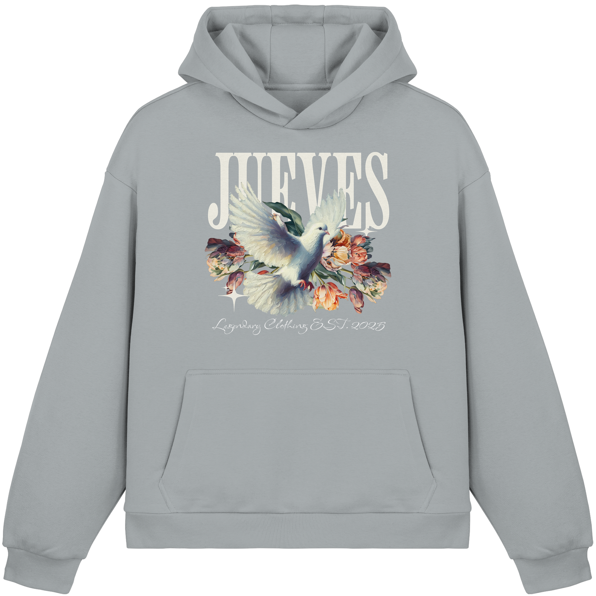 Fluffy Boxcut Hoodie „Dove front“ in Light Asphalt von Jueves Apparel aus 70% Baumwolle und 30% Polyester – auffälliger Brustdruck Taubendesign mit Blumen, moderner Urban Streetwear-Look.