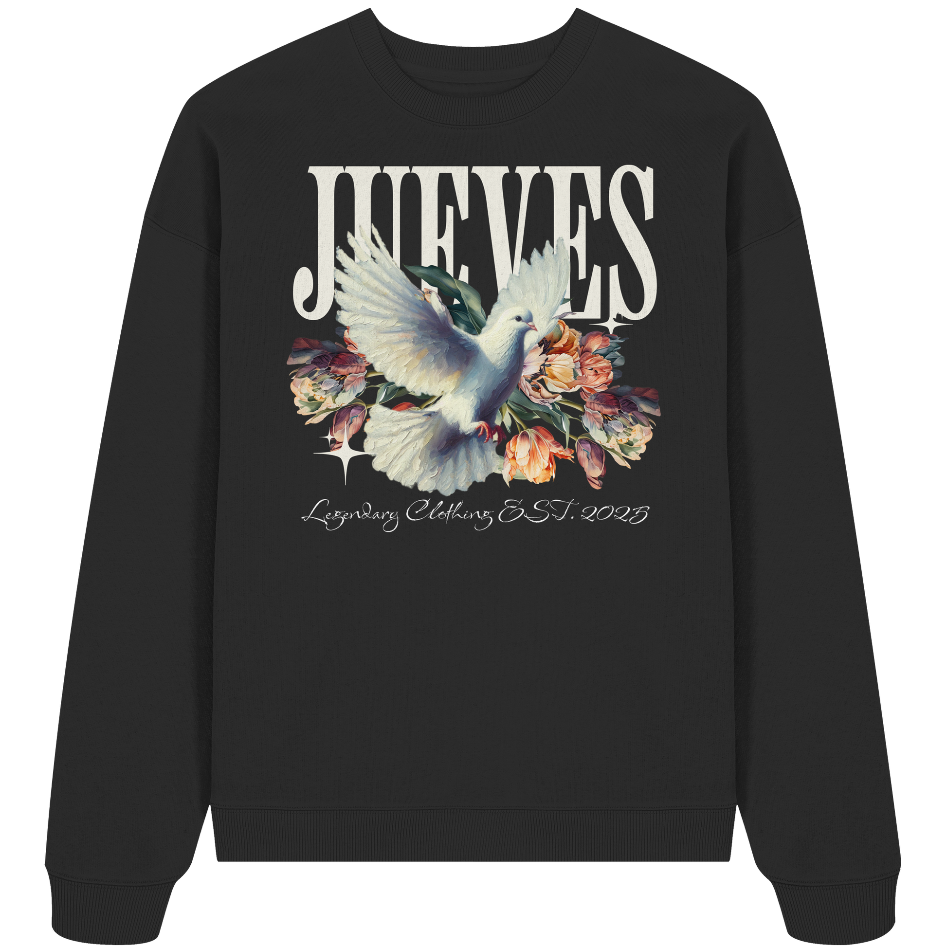 Oversized Sweatshirt „Dove front“ in Black von Jueves Apparel aus 100% Baumwolle – auffälliger Brustdruck Taubendesign mit Blumen, moderner Urban Streetwear-Look.