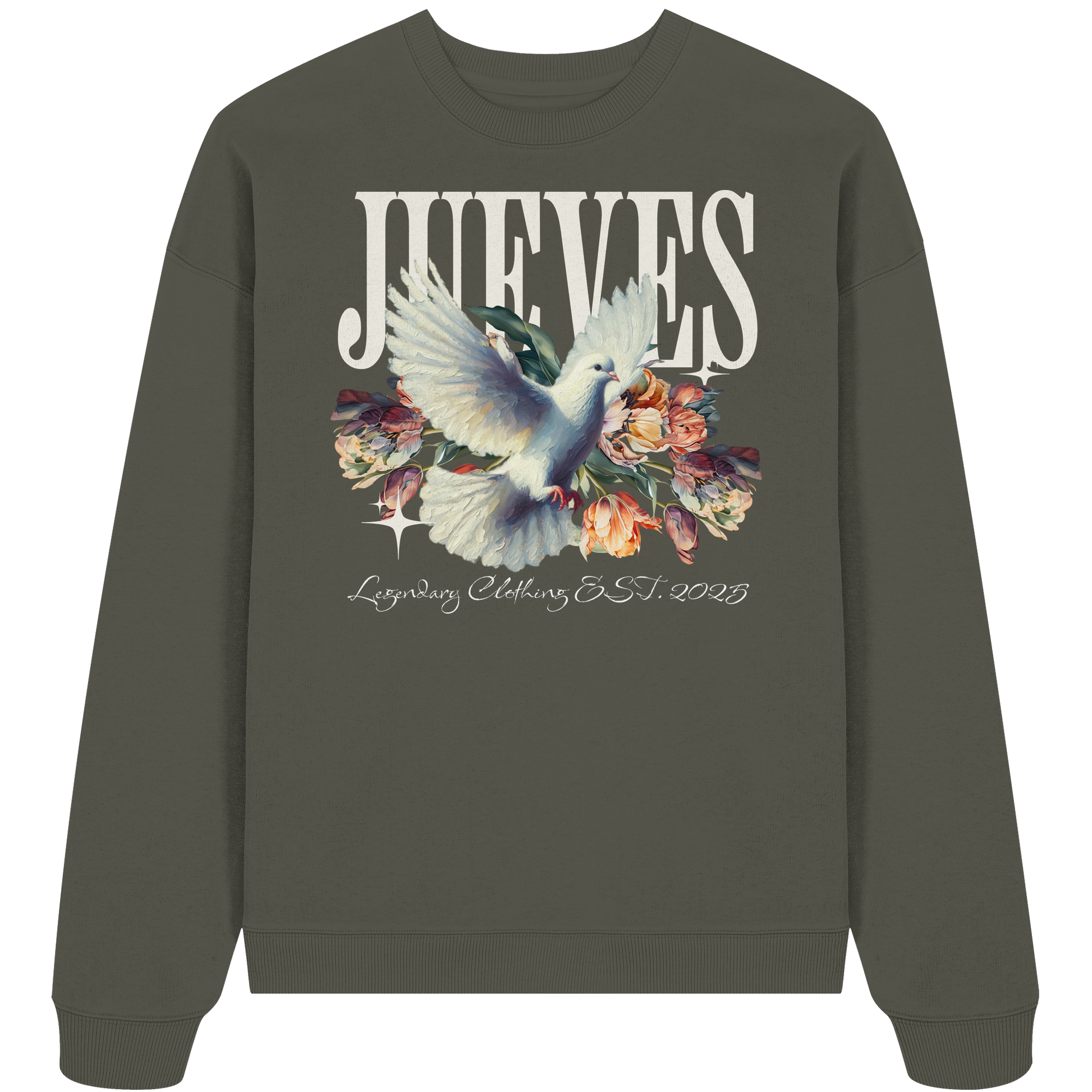 Oversized Sweatshirt „Dove front“ in Khaki von Jueves Apparel aus 100% Baumwolle – auffälliges Taubendesign mit Blumen, moderner Urban Streetwear-Look.