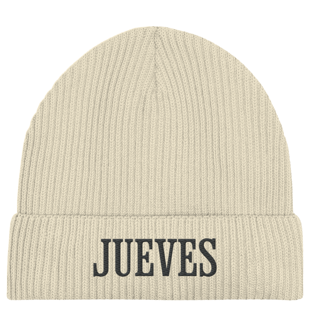 weiße Fisherman Beanie von Jueves Apparel aus 95 % Baumwolle und 5 % Elasthan – urbanes Streetwear-Accessoire mit weicher Haptik