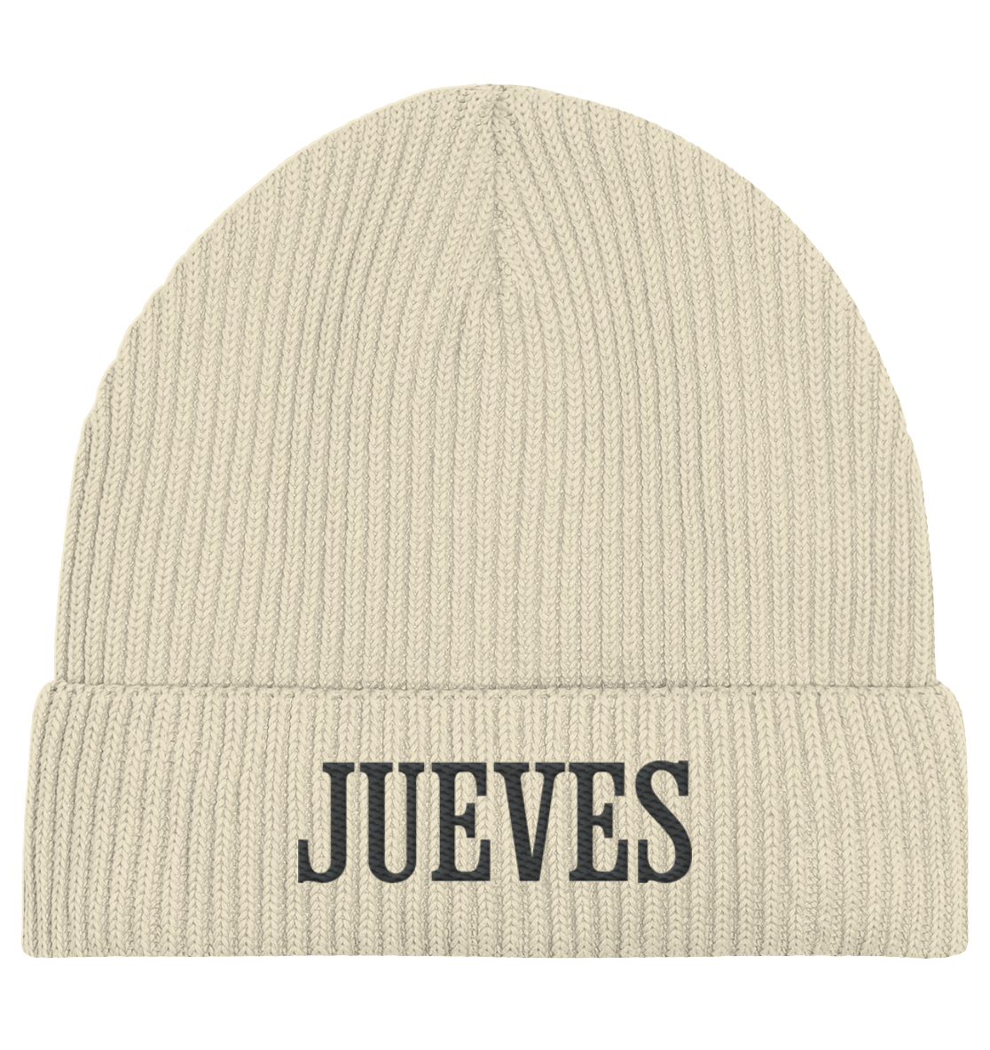 weiße Fisherman Beanie von Jueves Apparel aus 95 % Baumwolle und 5 % Elasthan – urbanes Streetwear-Accessoire mit weicher Haptik