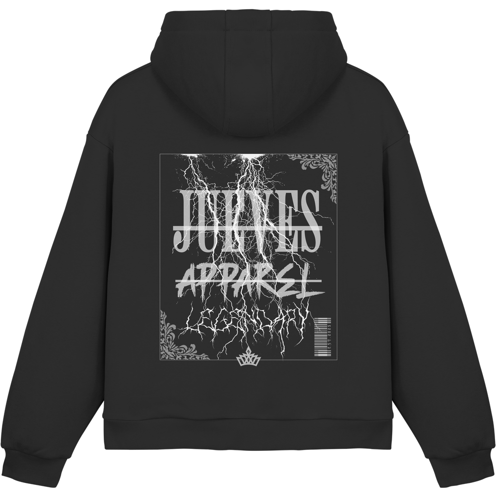 Fluffy Boxcut Hoodie „Flash“ in Black von Jueves Apparel aus 70% Baumwolle und 30% Polyester – auffälliger Rückendruck Blitzdesign, moderner Urban Streetwear-Look.