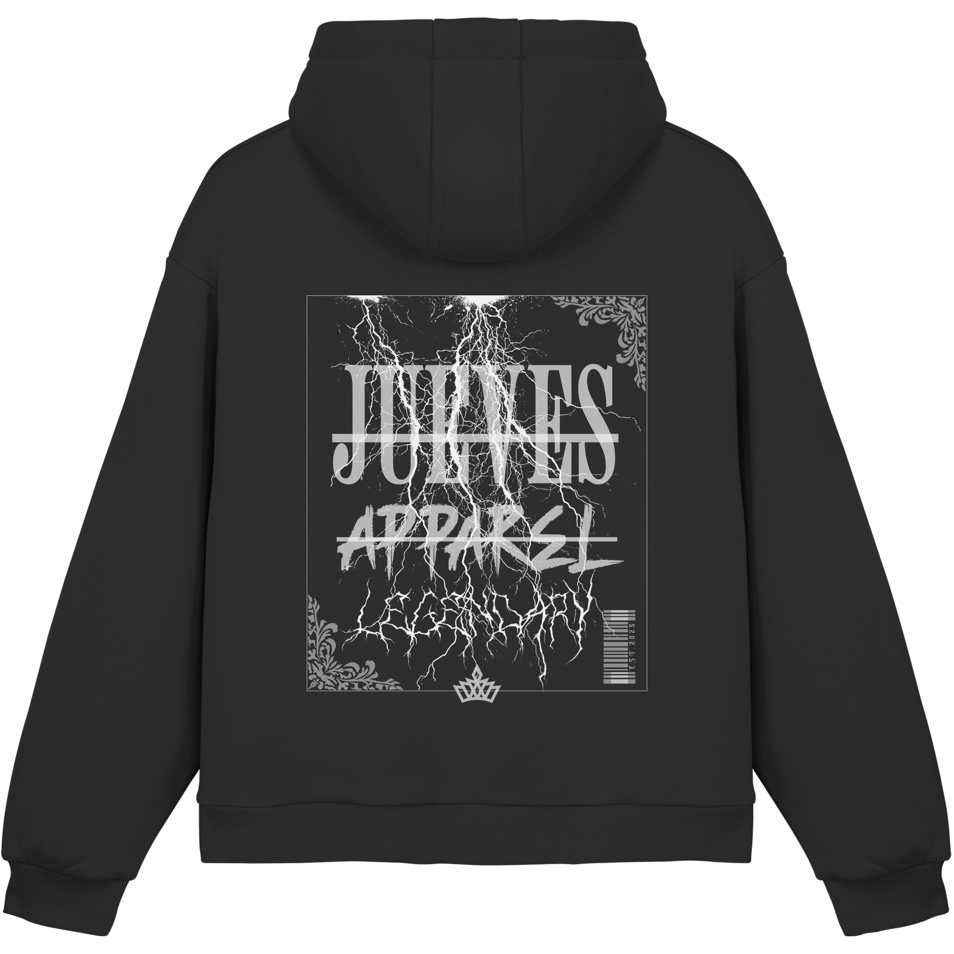 Fluffy Boxcut Hoodie „Flash“ in Black von Jueves Apparel aus 70% Baumwolle und 30% Polyester – auffälliger Rückendruck Blitzdesign, moderner Urban Streetwear-Look.