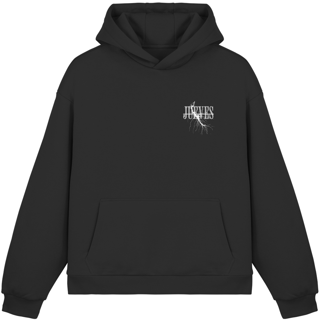 Fluffy Boxcut Hoodie „Flash“ in Black von Jueves Apparel aus 70% Baumwolle und 30% Polyester – auffälliger Brustdruck Blitzdesign, moderner Urban Streetwear-Look.
