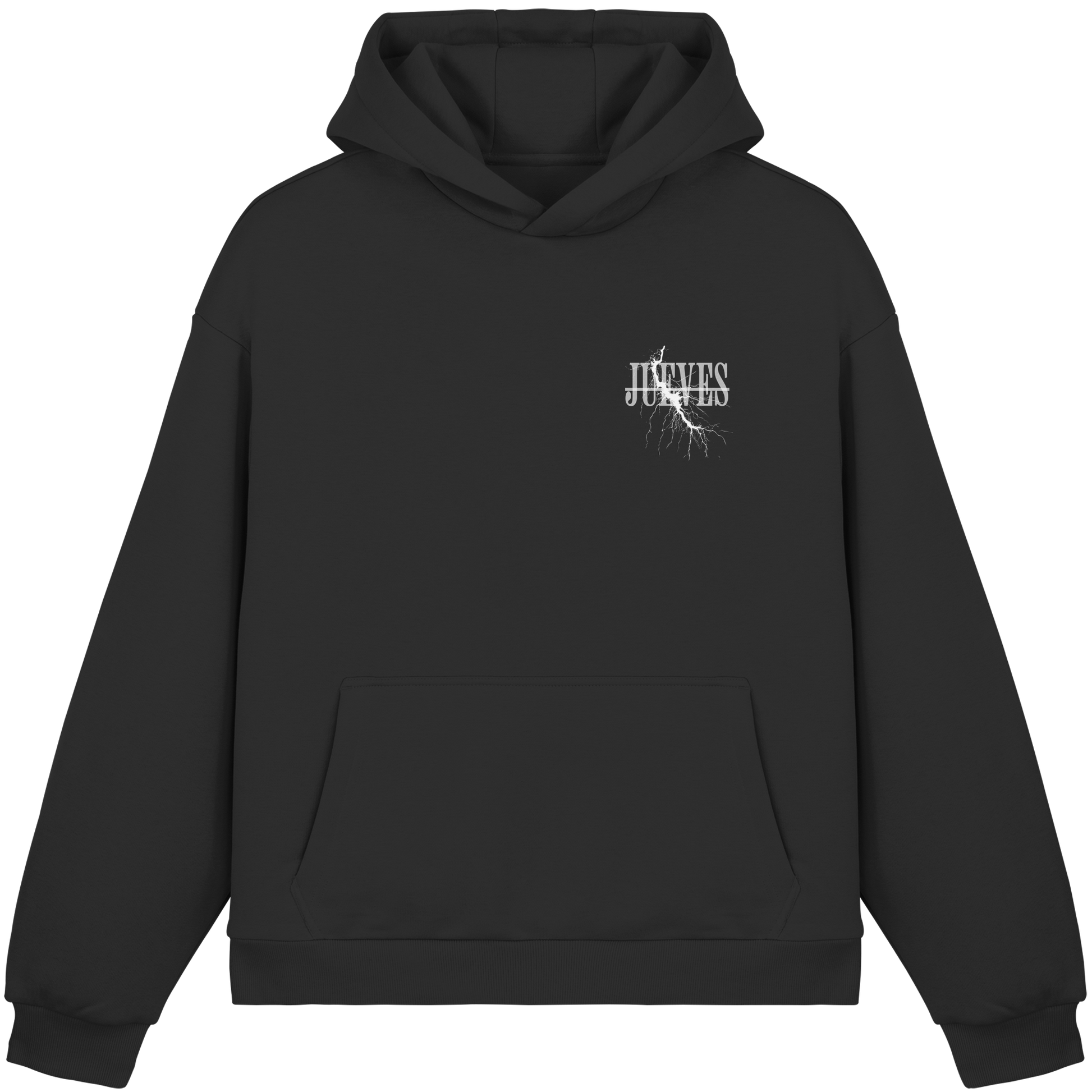 Fluffy Boxcut Hoodie „Flash“ in Black von Jueves Apparel aus 70% Baumwolle und 30% Polyester – auffälliger Brustdruck Blitzdesign, moderner Urban Streetwear-Look.