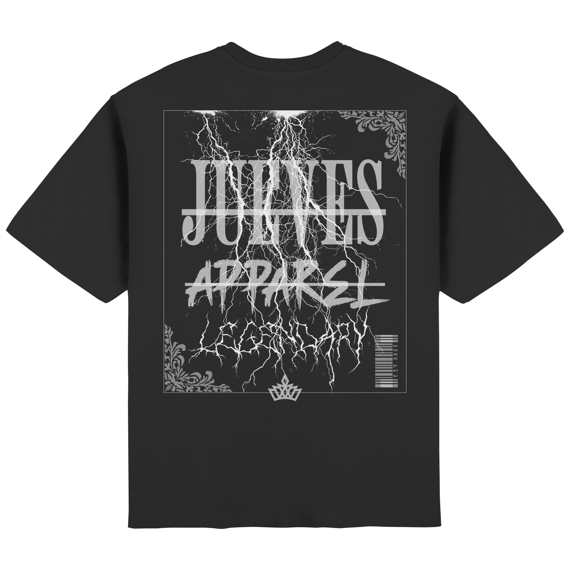 Streetwear Oversized T-Shirt „Flash“ in Black von Jueves Apparel aus 100 % Baumwolle – auffälliger Rückendruck Blitzdesign, moderner Urban Streetstyle-Look.