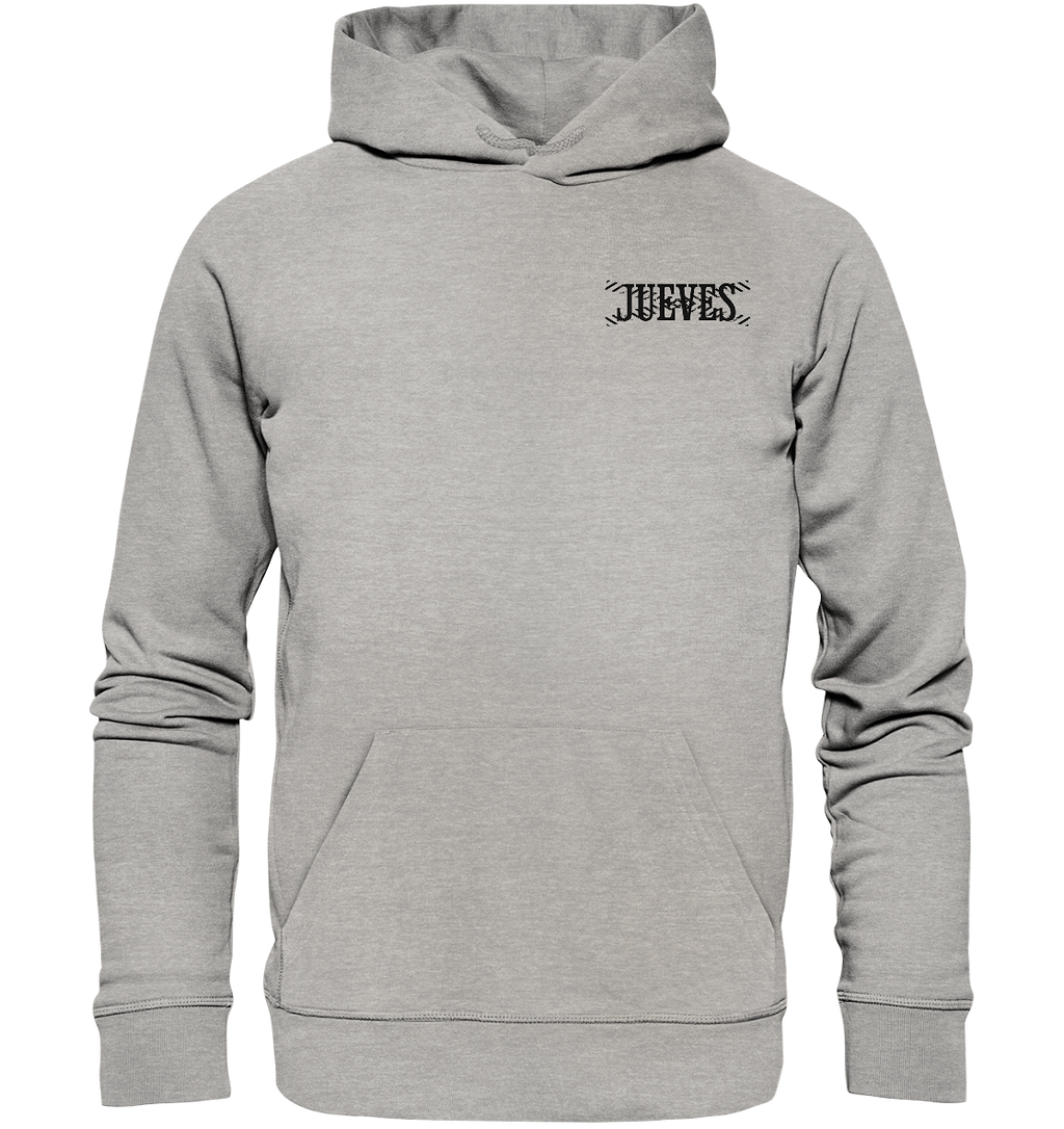 grauer Classic Hoodie von Jueves Apparel mit kleinem Brustdruck im klassischen Schnitt – nachhaltiger Streetwear-Look aus 100 % Bio-Baumwolle