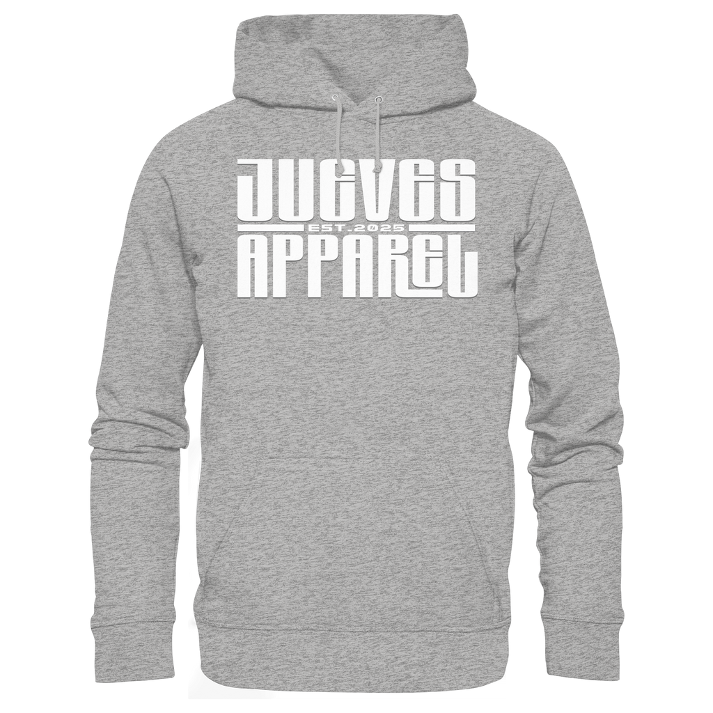 grauer Classic Hoodie von Jueves Apparel mit Brustdruck im klassischen Schnitt – nachhaltiger Streetwear-Look aus 100 % Bio-Baumwolle