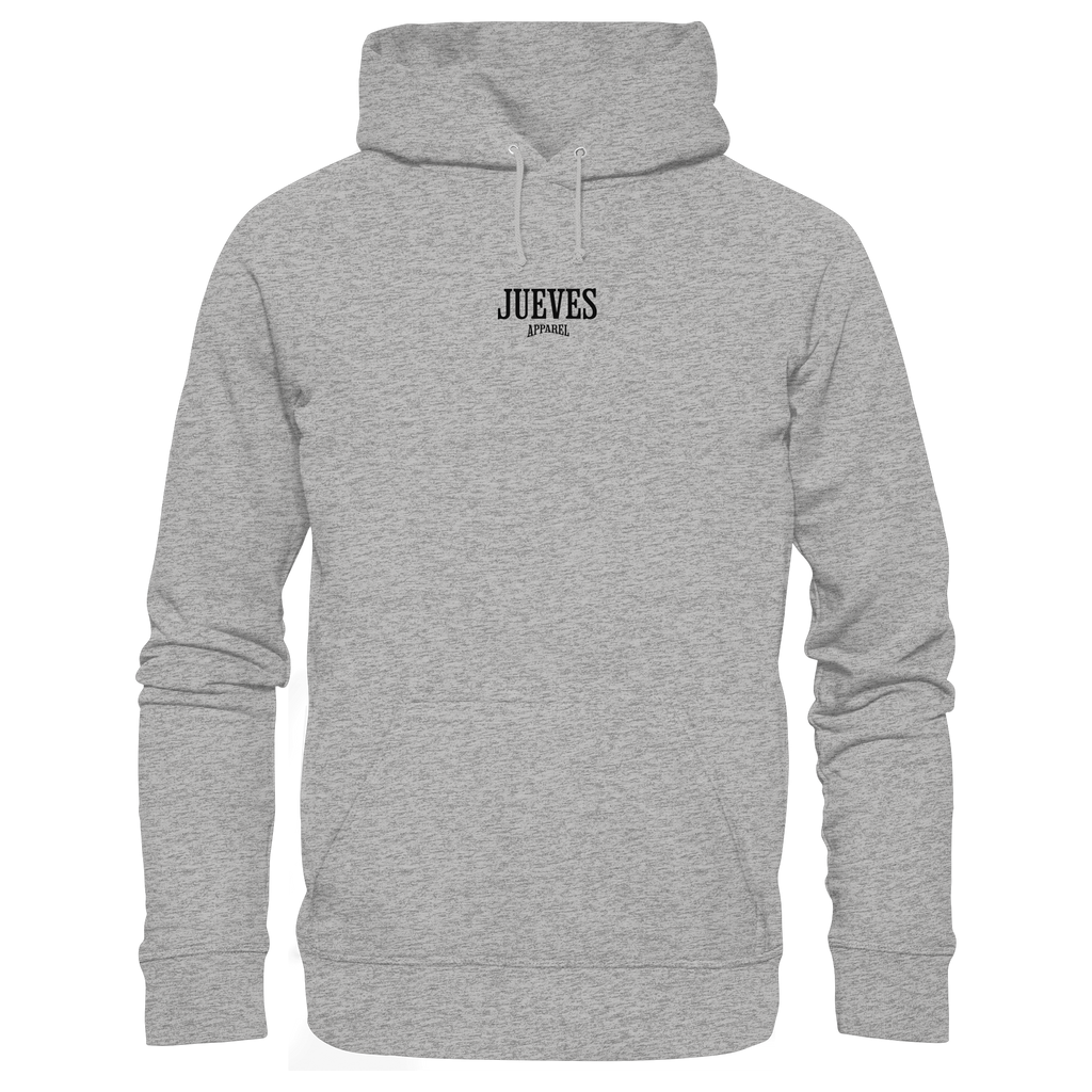 Grauer Classic Hoodie von Jueves Apparel mit kleinem Brustdruck im klassischen Schnitt – nachhaltiger Streetwear-Look aus 100 % Bio-Baumwolle