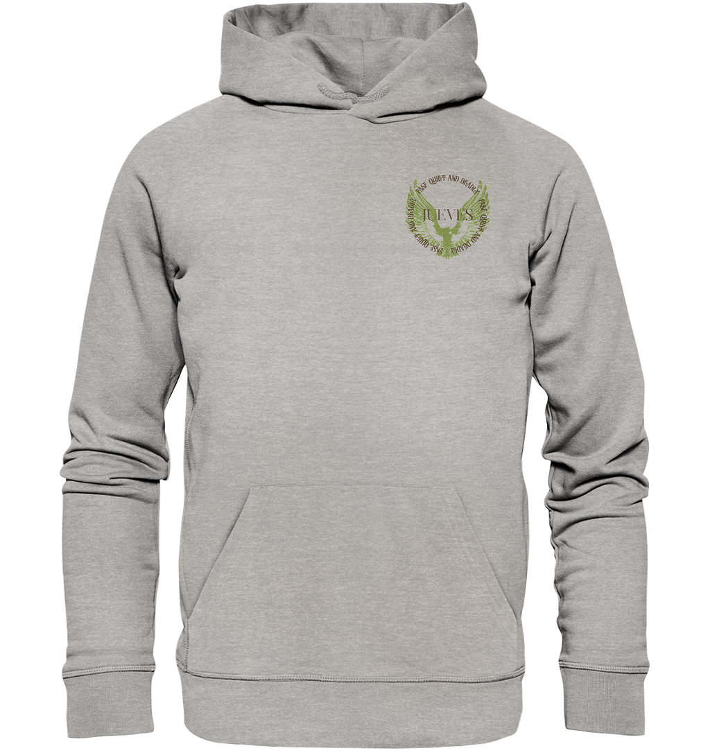 grauer Classic Hoodie von Jueves Apparel mit kleinem Brustdruck im klassischen Schnitt – nachhaltiger Streetwear-Look aus 100 % Bio-Baumwolle
